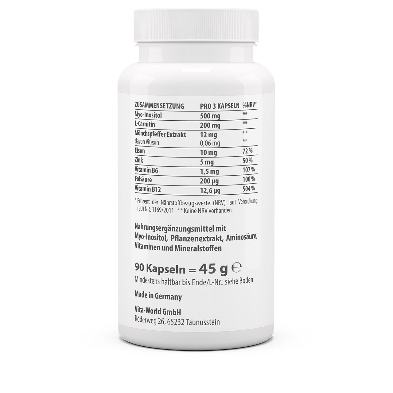 vitaworld Myo-Inositol + Mönchspfeffer Komplex - 90 Kapseln Kapseln, 90 St., 45 g