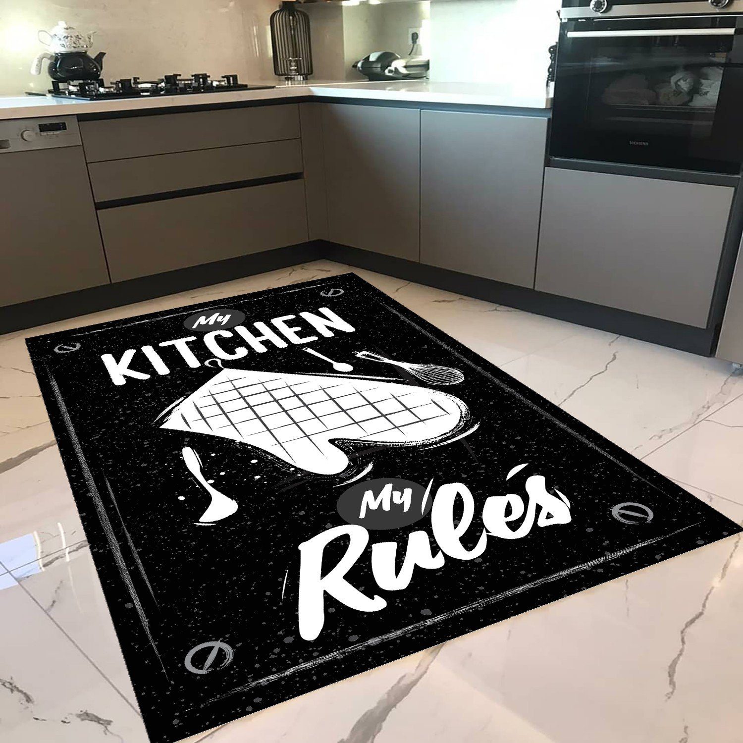 Teppich Küche My Kitchen My Rules Schwarz 11x Größen Läufer Küchenläufer, Jungengel Textilien, Fußbodenheizungsgeeignet, Waschmaschinengeeignet