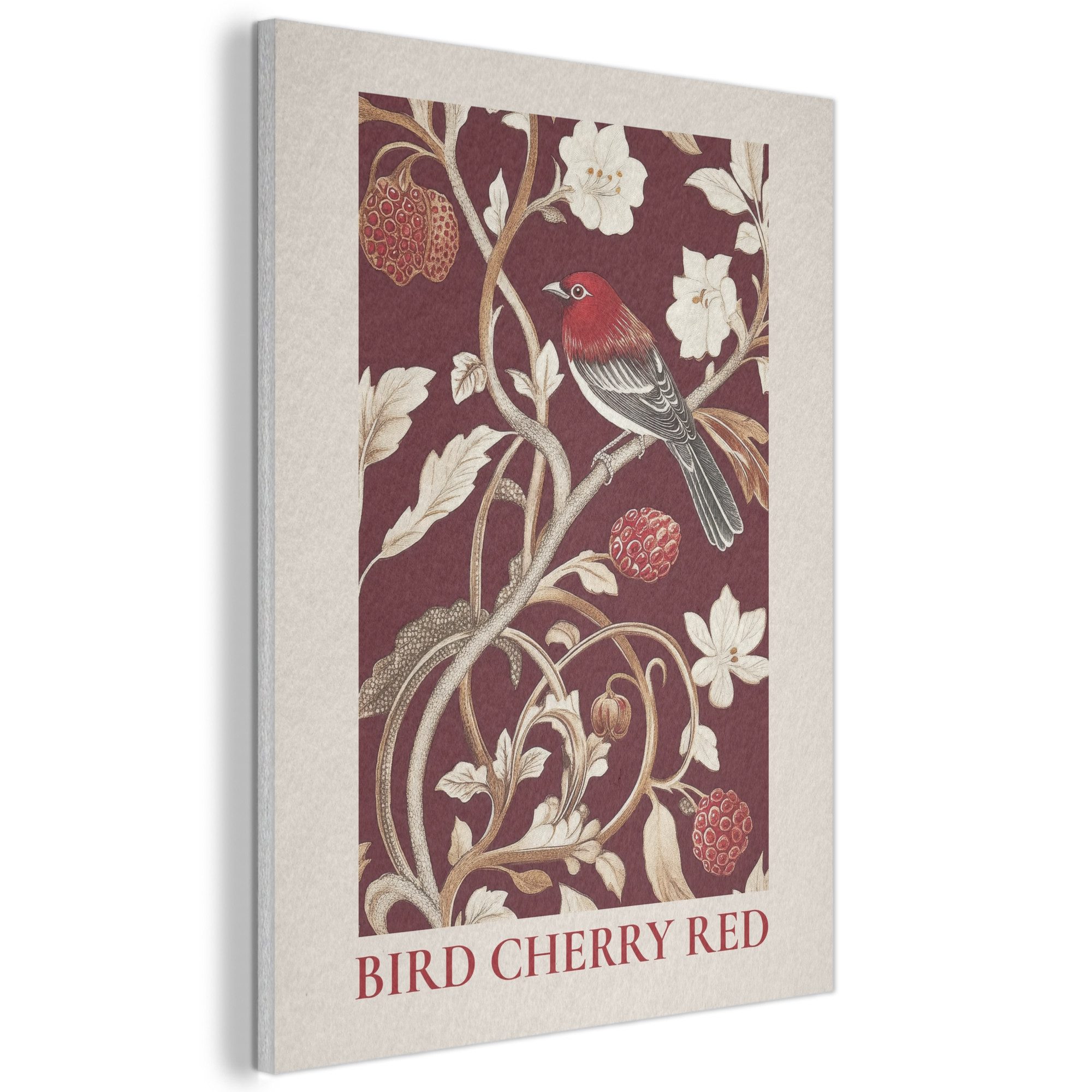 MuchoWow Gemälde Vogel - Bordeaux - Blumen - Beeren - Küche, Fotodruck (1 St), Akustikpaneele, Wandpaneele, Schalldämmung, Akustikbilder 30x40 cm