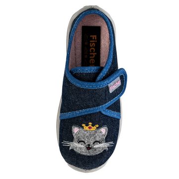 Fischer-Markenschuh Boogy Hausschuh aus Jeansstoff, mit Katze bestickt, gepolstertes Fußbett