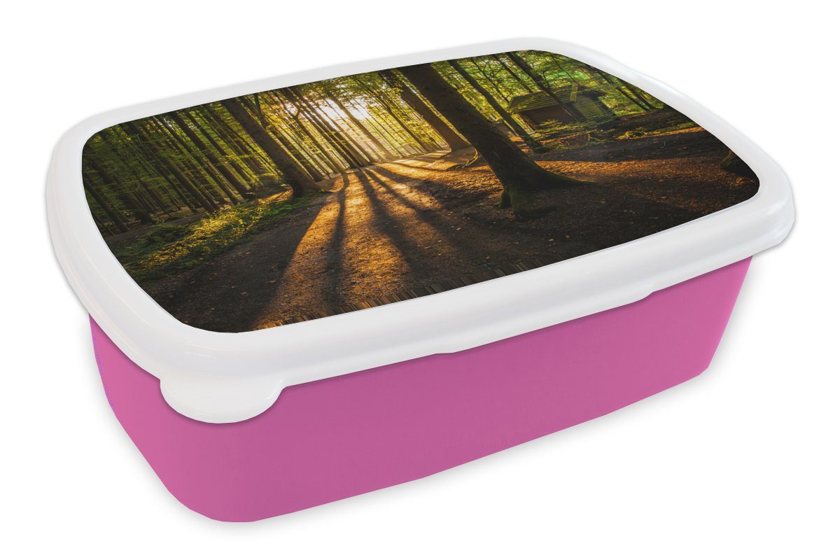 MuchoWow Lunchbox Sonne - Bäume - Wald - Landschaft - Natur, Kunststoff, (2-tlg), Brotbox für Erwachsene, Brotdose Kinder, Snackbox, Mädchen, Kunststoff rosa