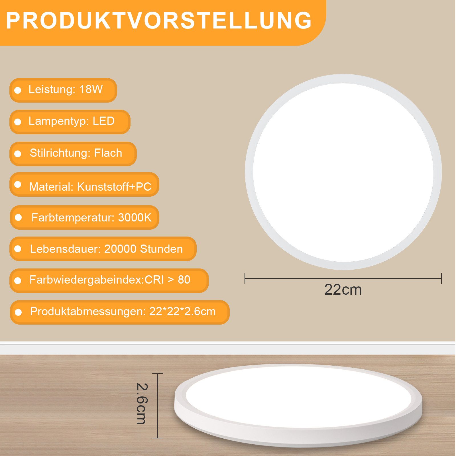 Nettlife LED Deckenleuchte Badezimmer Flach 30CM 24W Rund Weiß, Nicht Dimmbar, LED fest integriert, Warmweiß, Küchenlampe für Flur Küche Schalfzimmer Klassenzim – Bild 2 von 5