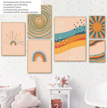 TPFLiving Kunstdruck (OHNE RAHMEN) Poster - Leinwand - Wandbild, Sonne, Regenbogen, abstrakte Formen - Für Kinderzimmer - (Mädchenzimmer, Babyzimmer, Jungenzimmer, Kindergarten), Farben: Pastel, gelb, blau, orange, rosa - Größe: 10x15cm