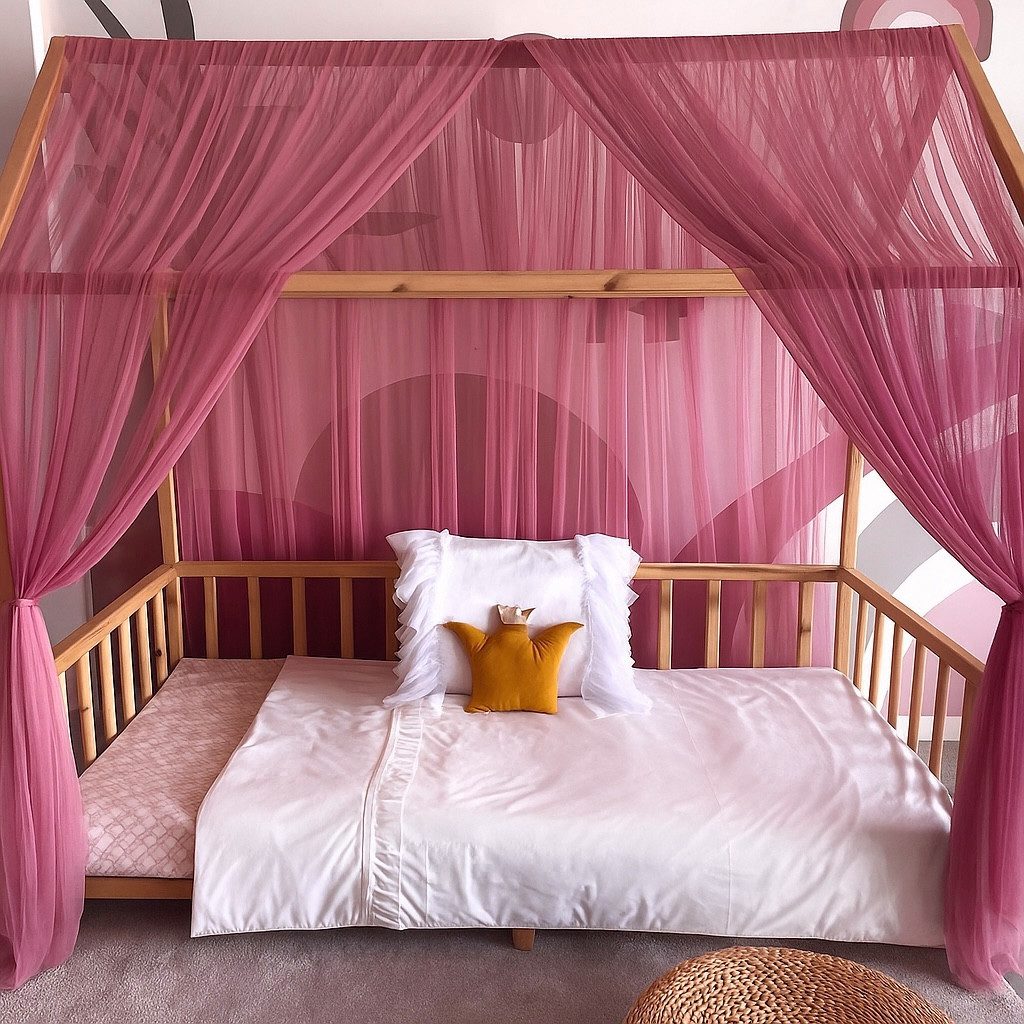 Baby Fancyroom Балдахин для кровати Балдахин для кровати Tüll Hausbett Kinderbett 2 Stück 340cm 380cm Montessori (3-tlg. Set mit 2x Балдахин для кровати und einer 20er Pomponkette, Baldachin, Kinder Балдахин для кровати Baldachin Himmel Deko Set), Балдахин для кровати für Hausbett Montessori