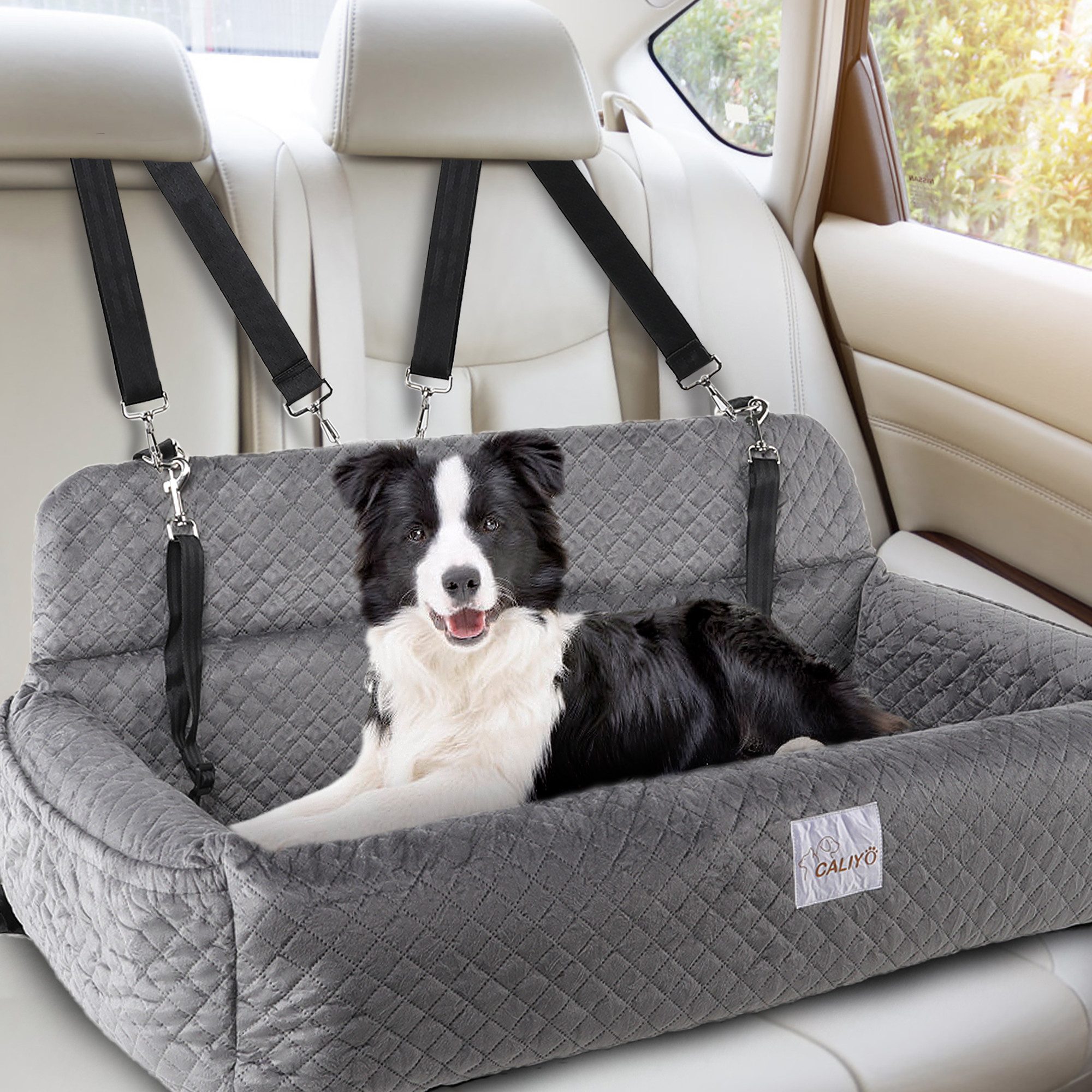 CALIYO Hunde-Autositz Hundeautositz für große/mittlere Hunde, Hochdichter und elastischer Schwamm, Imitat-Leinenstoff, Vollständig Abnehmbarer & waschbarer Hundereisesitz mit dickem Kissen