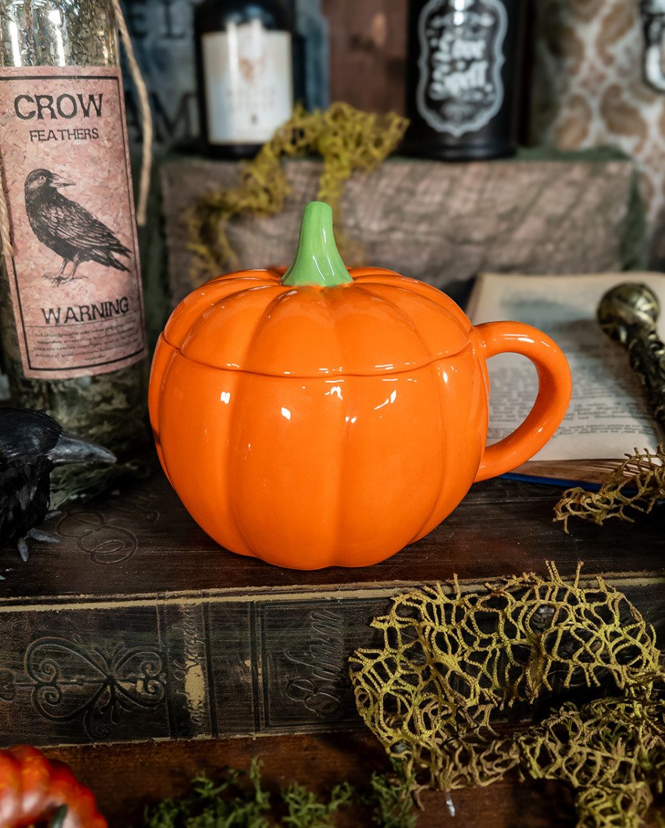 Horror-Shop Tasse Halloween Kürbis Tasse mit Deckel als Geschenkarti, 100 % Keramik