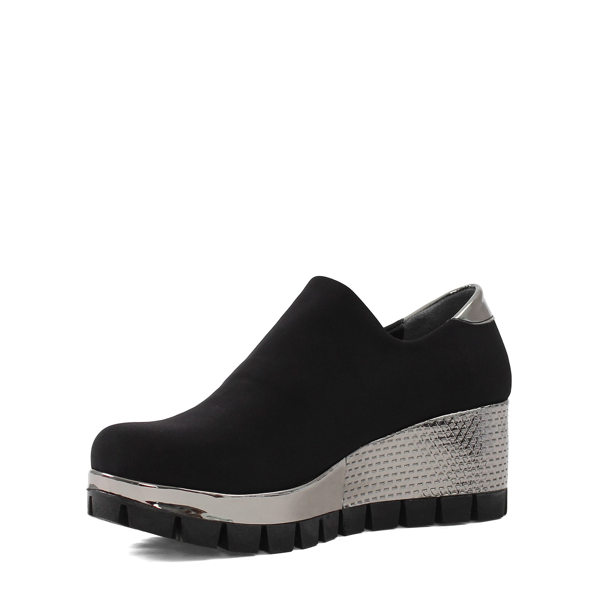Celal Gültekin Keilabsatz Plateau Schuhe Damen Slip-on Stretch Schlupfform Keilsneaker Stretch, silberfarbene Sohle, Schwarz/Silber, 40 – Bild 4 von 5
