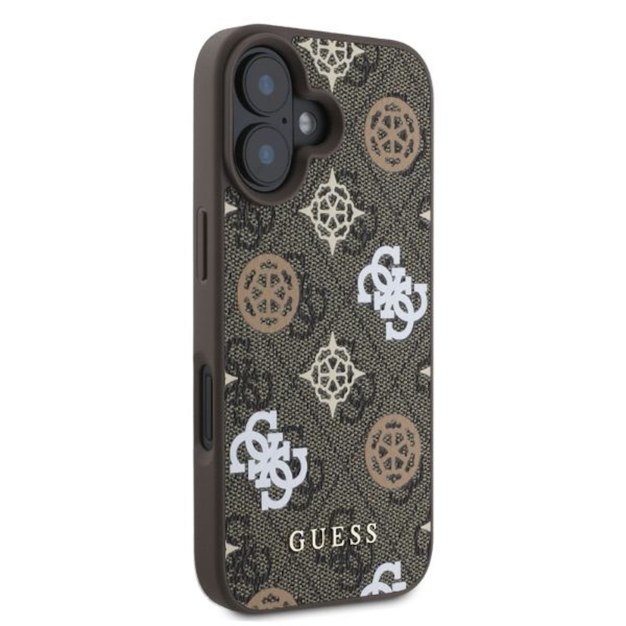 Guess Smartphone-Hülle GUESS Apple iPhone 16 Hardcase Peony Script 4G Design MagSafe Braun