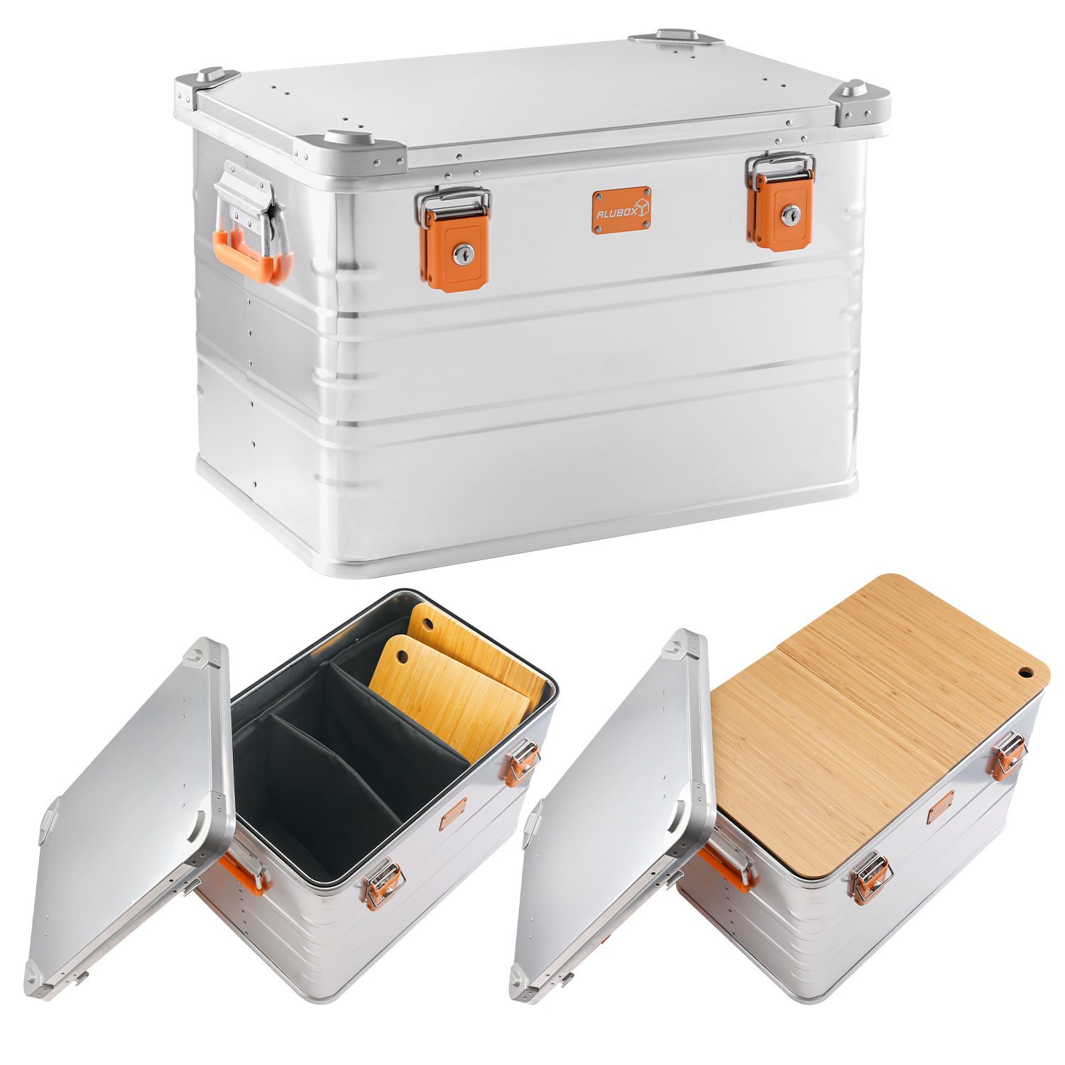 ALUBOX Aufbewahrungsbox Campingküche Campingbox mit Stapelecken (78 Liter), inklusive 2 Schneidbretter