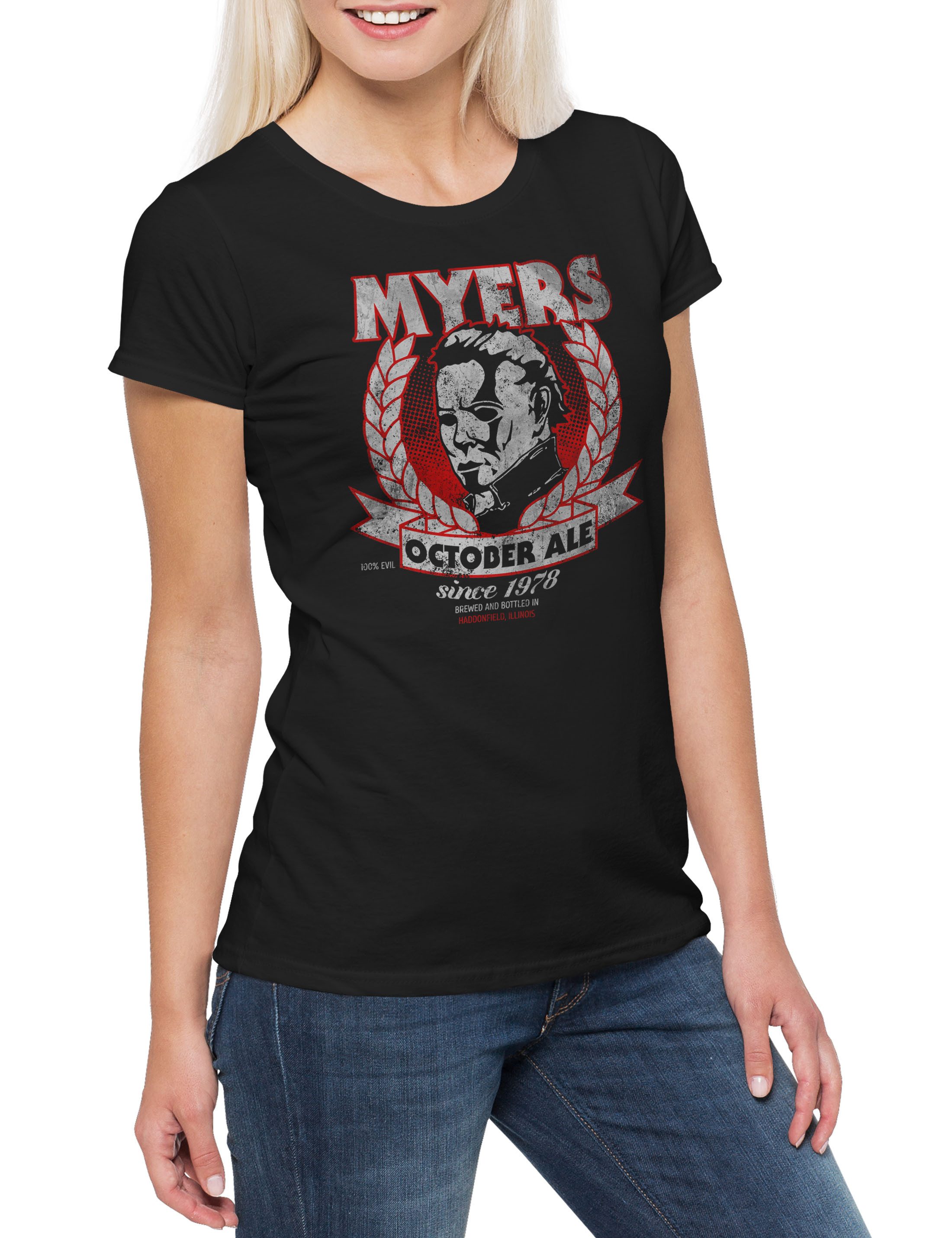 Print-Shirt Myers October Ale Damen T-Shirt Halloween Horror Bier Waynes Crossover