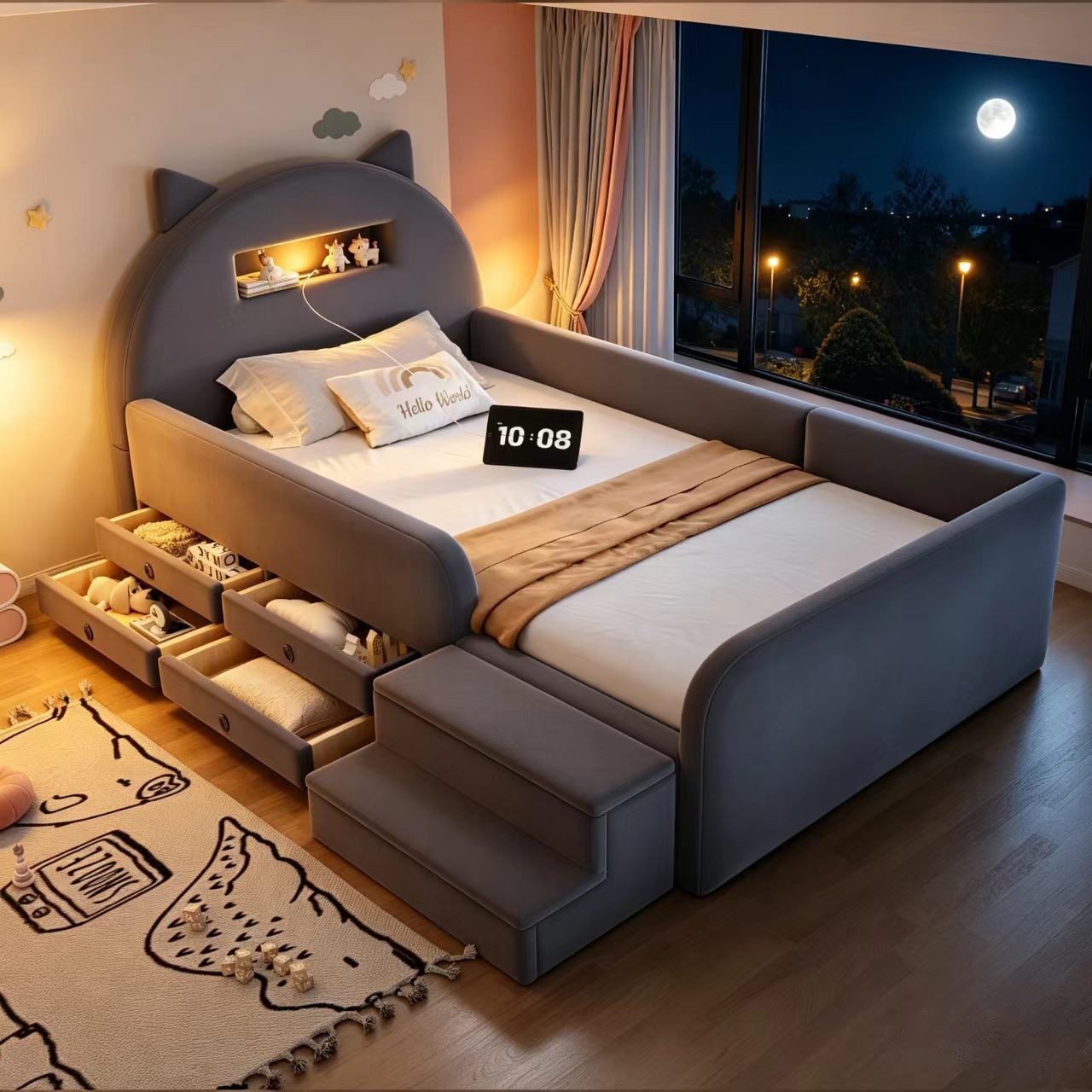 STILVORA Polsterbett 90×200 mit Stauraum Funktionbett Kinderbett, ohne Matratze (Jugendbett, USB-Anschluss, Nachtlicht, 4 Schubladen, Samtbezug, Ohrkopfteil, Stufenbank, Komfortpolster, hautfreundlicher Samt), für Kinderzimmer, Jugendzimmer, Gästezimmer