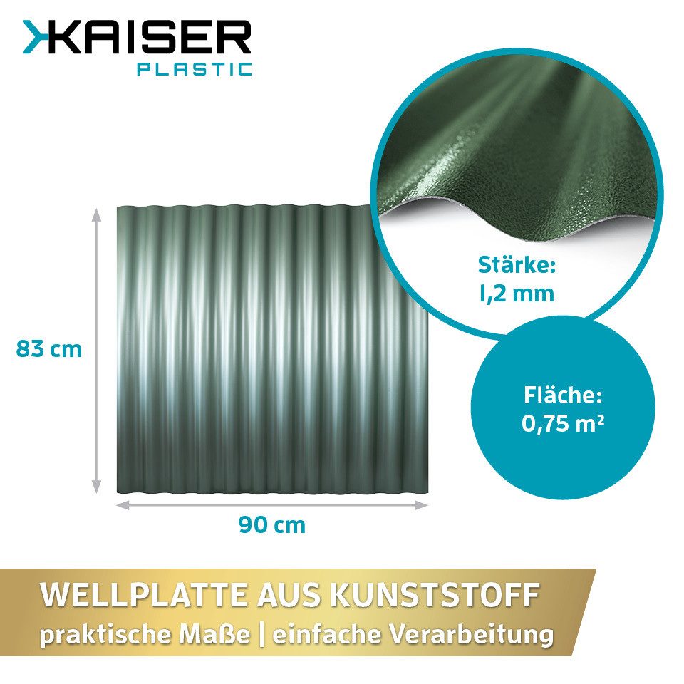 Kaiser plastic Wellplatte in verschiedenen Größen & Farben - Extra Robust (PC), 1,2 mm, (Dachplatten C-Struktur 1,2mm Stärke, Sinus 76/18 Welldach, 1-St., Lichtwellplatten), Made in Germany - Hagelfest & UV-Schutz - Grün - Größe: 90 x 83 cm