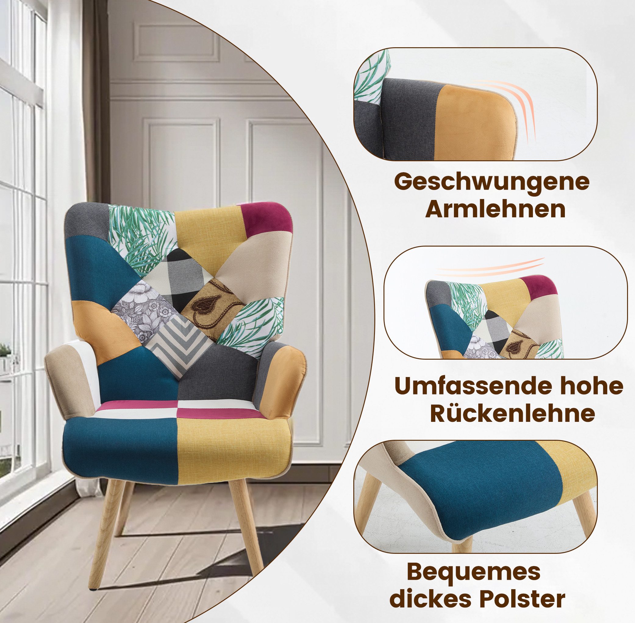 Aunekiv Sessel Patchwork-Sessel Ohrensessel aus Leinen mit Massivholz-Füßen (1-St), Relaxsessel für Wohnzimmer, Schlafzimmer & Leseecke – Bild 4 von 5