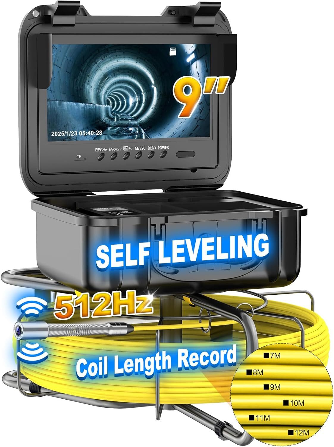 ANYSUN 9DX23 Rohrkamera 45M Kanalkamera mit Meterzahlangabe und Sender Inspektionskamera (Rohrinspektionskamera mit 9 Zoll 1080P HD-Bildschirm, Selbstnivellierende wasserdichte Rohrkamera mit Lichtern-12 LED, 32 GB)