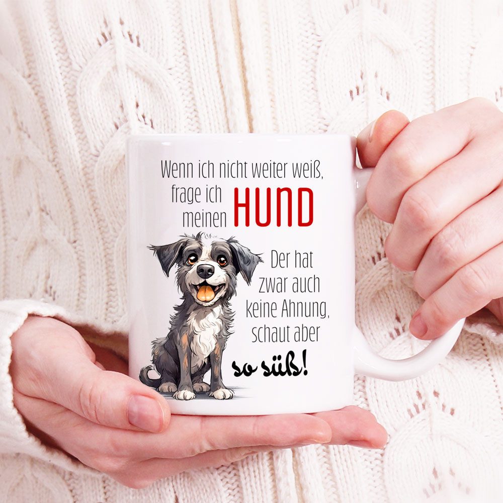 Cadouri Tasse MEIN HUND SCHAUT SO SÜSS Kaffeetasse mit Spruch - für Hundefreunde, Keramik, mit Hundespruch, beidseitig bedruckt, handgefertigt, Geschenk, 330 ml