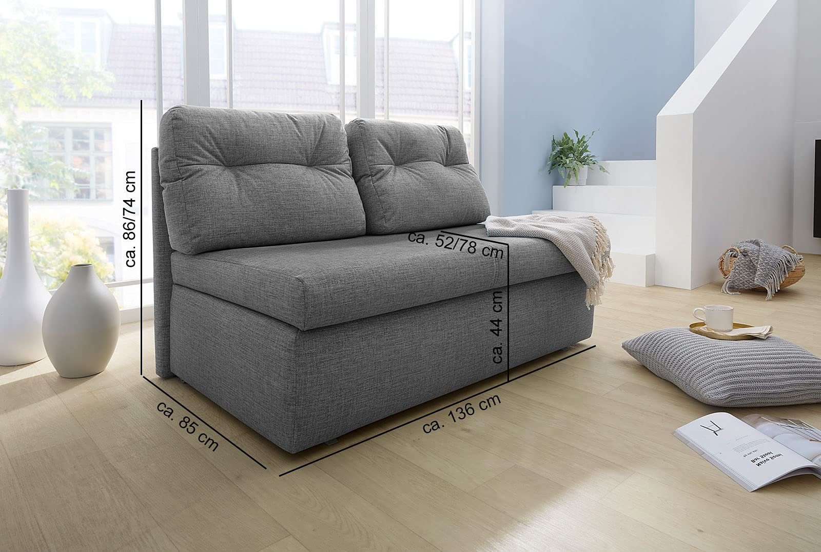 luma-home Schlafsofa 15119, B136/T85/H86 cm, Bettfunktion, Liegefläche 130x193 cm, Bettkasten, Mikrofaser Grau