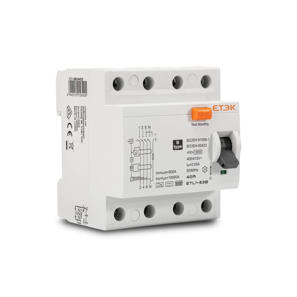 ETEK Electric Verteiler ETEK FI-Schutzschalter Typ B ETL1-63B 4-polig allstromsensitiv, 40A / 30mA