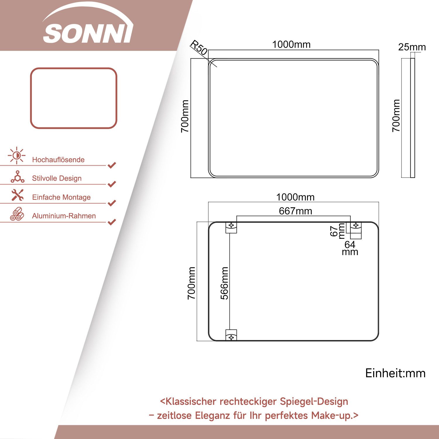 SONNI Schminkspiegel 100x70cm Wandspiegel schwarz – günstig online kaufen