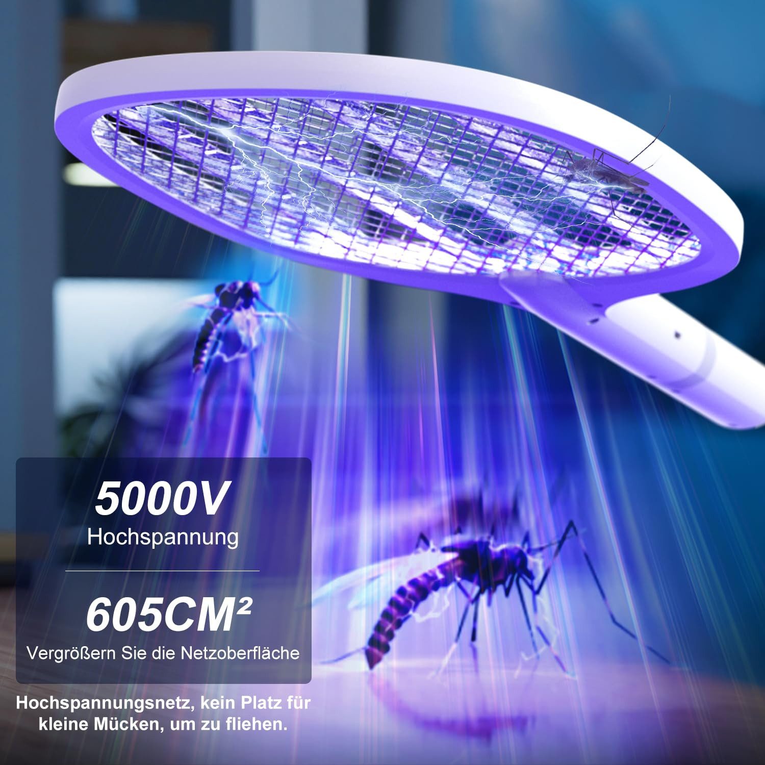 Athlix Fliegenklatsche 5000V Elektrische Fliegenklatsche Mückenklatsche mit Akku Aufladbar, Manueller Betrieb & UV-Licht-Modus für stationären Einsatz
