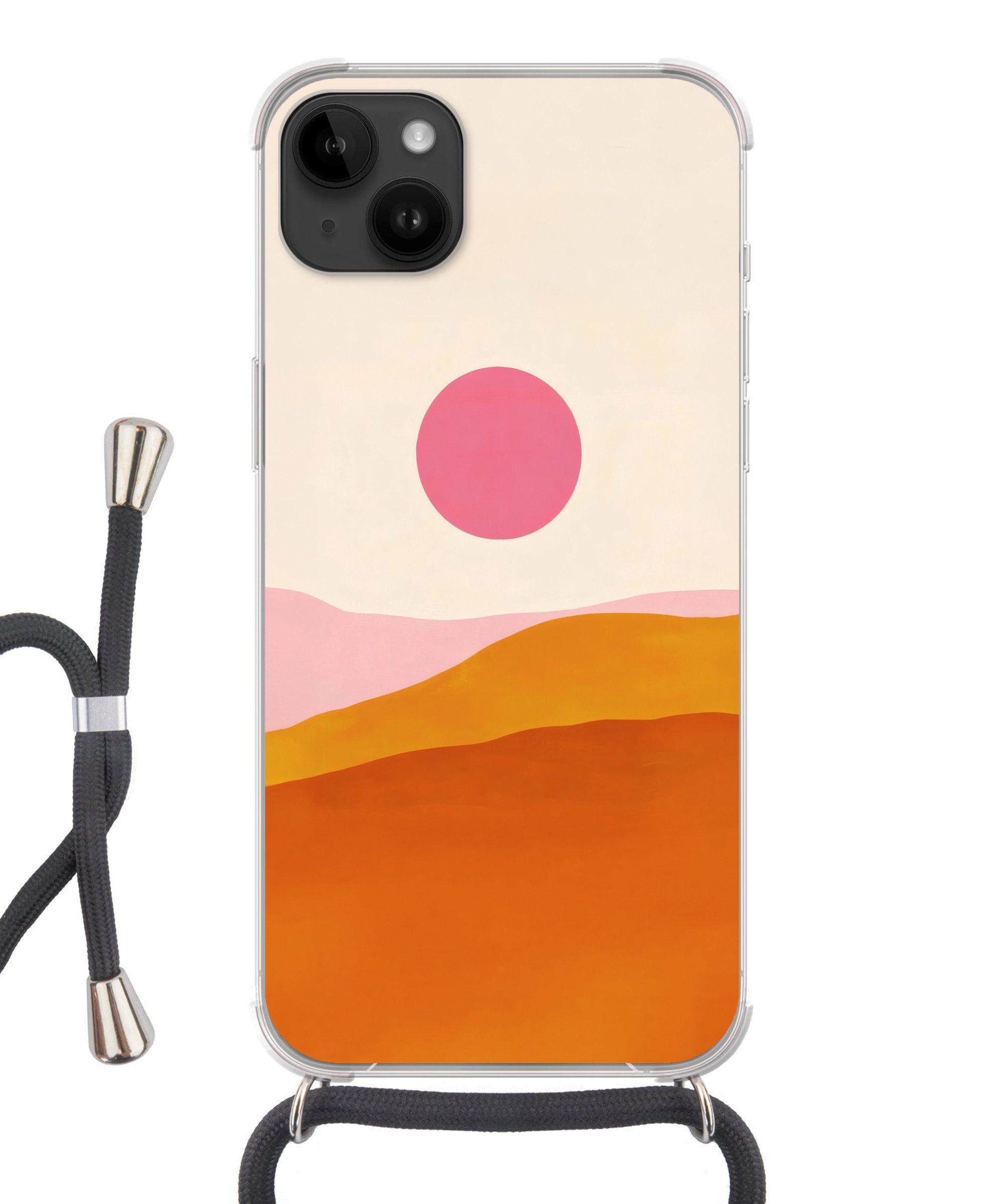 MuchoWow Handyhülle für Apple iPhone 14 Max Sonne - Hügel - Abstrakt - Rosa, Tragbare Handyhüllen mit Kette zum umhängen, Handykette Handyband