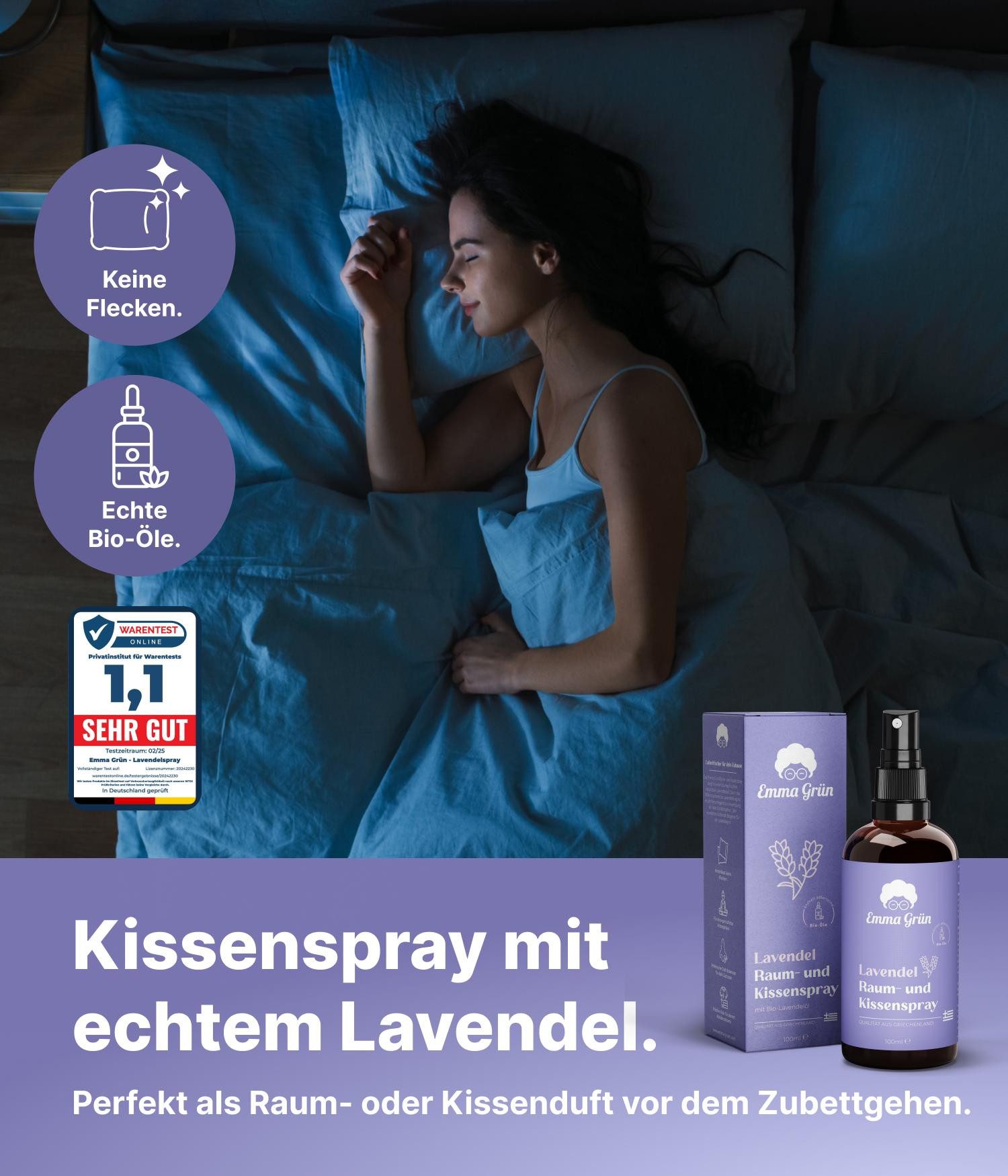 Emma Grün Duftöl Lavendel Kissenspray 100 ml, mit Bio Lavendelöl (Set, Je nach Auswahl: 1x, 2x oder 5x Raumspray Lavendel 100 ml), Höchste Bio-Zertifizierung der Duftöle, naturrein & ohne Zusätze