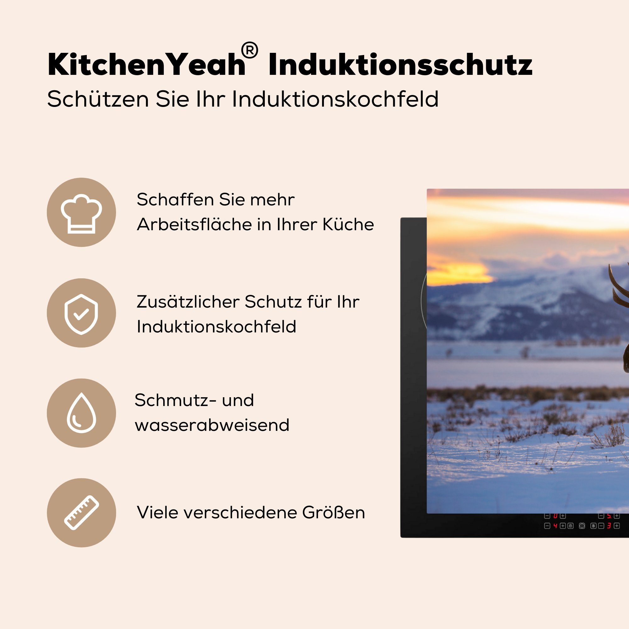 (1 cm, im MuchoWow Induktionskochfeld Schutz küche, Elch 81x52 tlg), Herdblende-/Abdeckplatte die Vinyl, Schnee, für Ceranfeldabdeckung