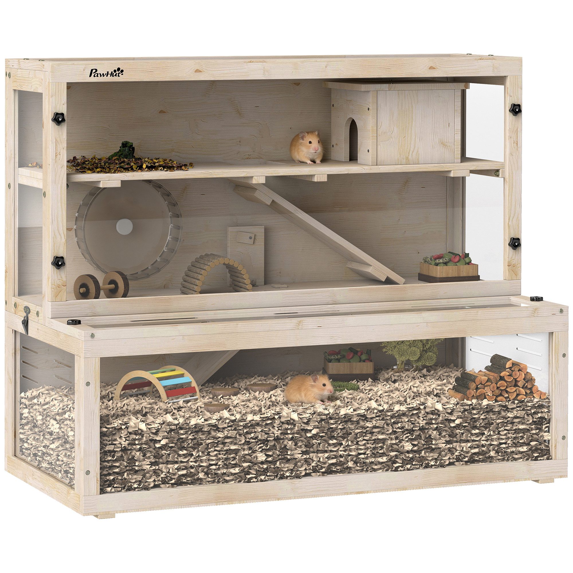 PawHut Kleintierkäfig 3 Etagen Hamsterkäfig mit Sichtfenster, Laufrad, Rampe, für Hamster, Zwerghamster, 100x50x84 cm, Naturholz