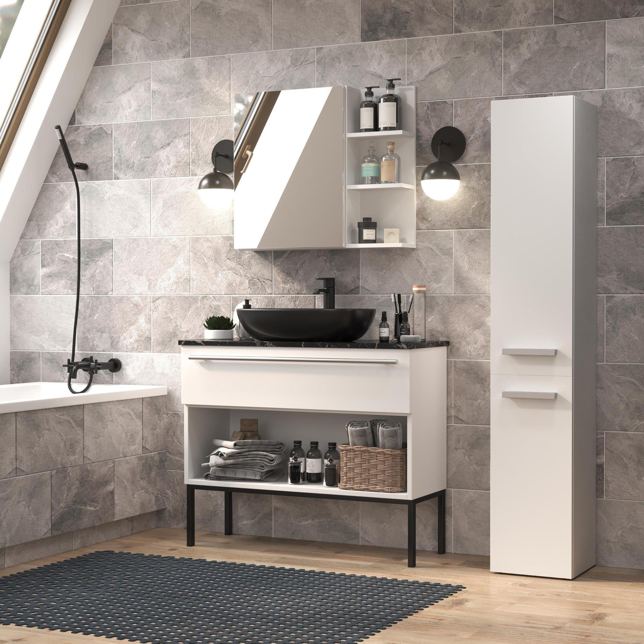 Beautysofa Hochschrank Nolan IV (Schrank für Badezimmer) 3 Fächer hinter Drehtür, mit Wäschkorb, mit silberfarbig Griffe Weiß