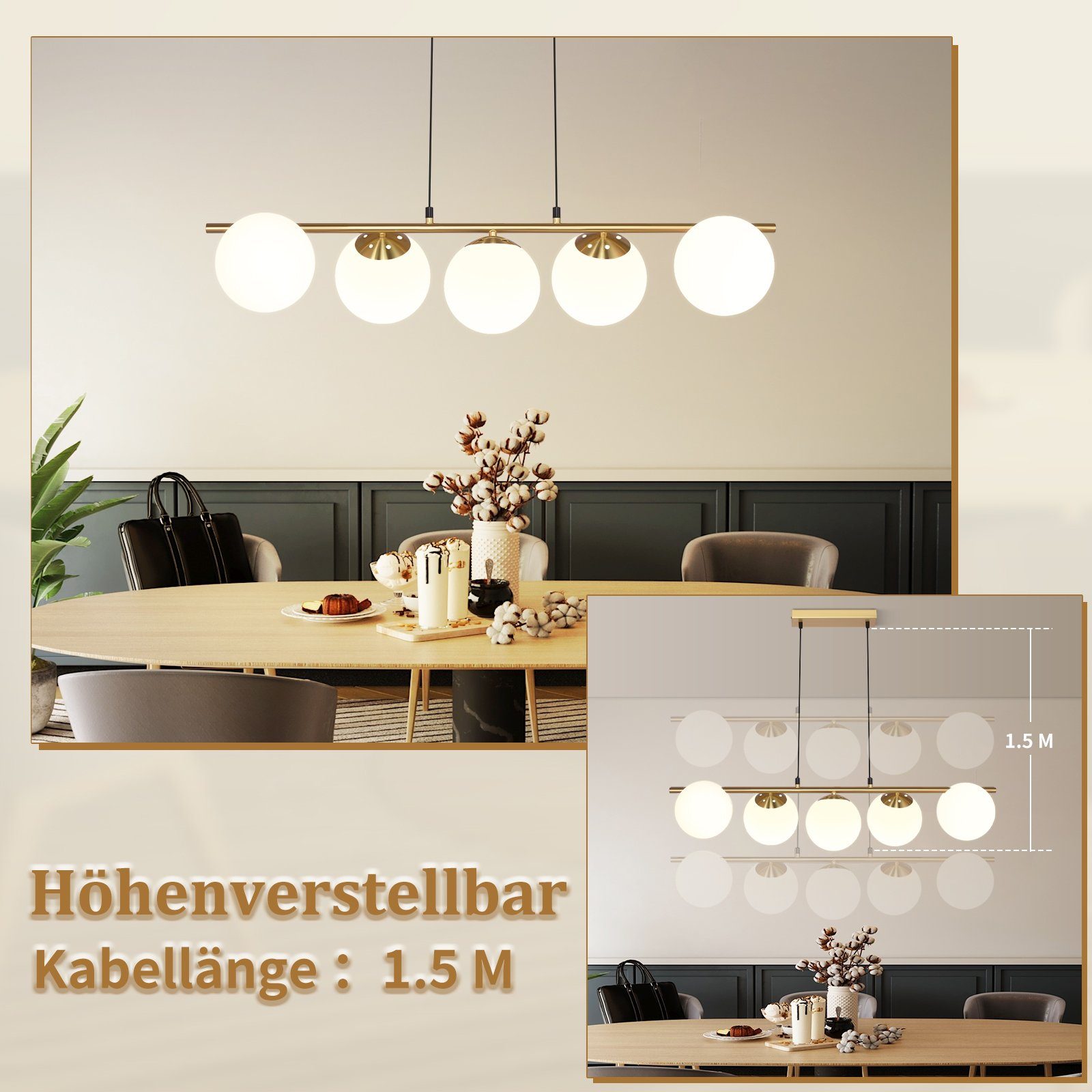 ZMH Pendelleuchte Esstisch Hängeleuchte Glas Hängelampe E27 5-Flammig, ohne Leuchtmittel, Kreative Esstischlampe für Esszimmer Wohnzimmer