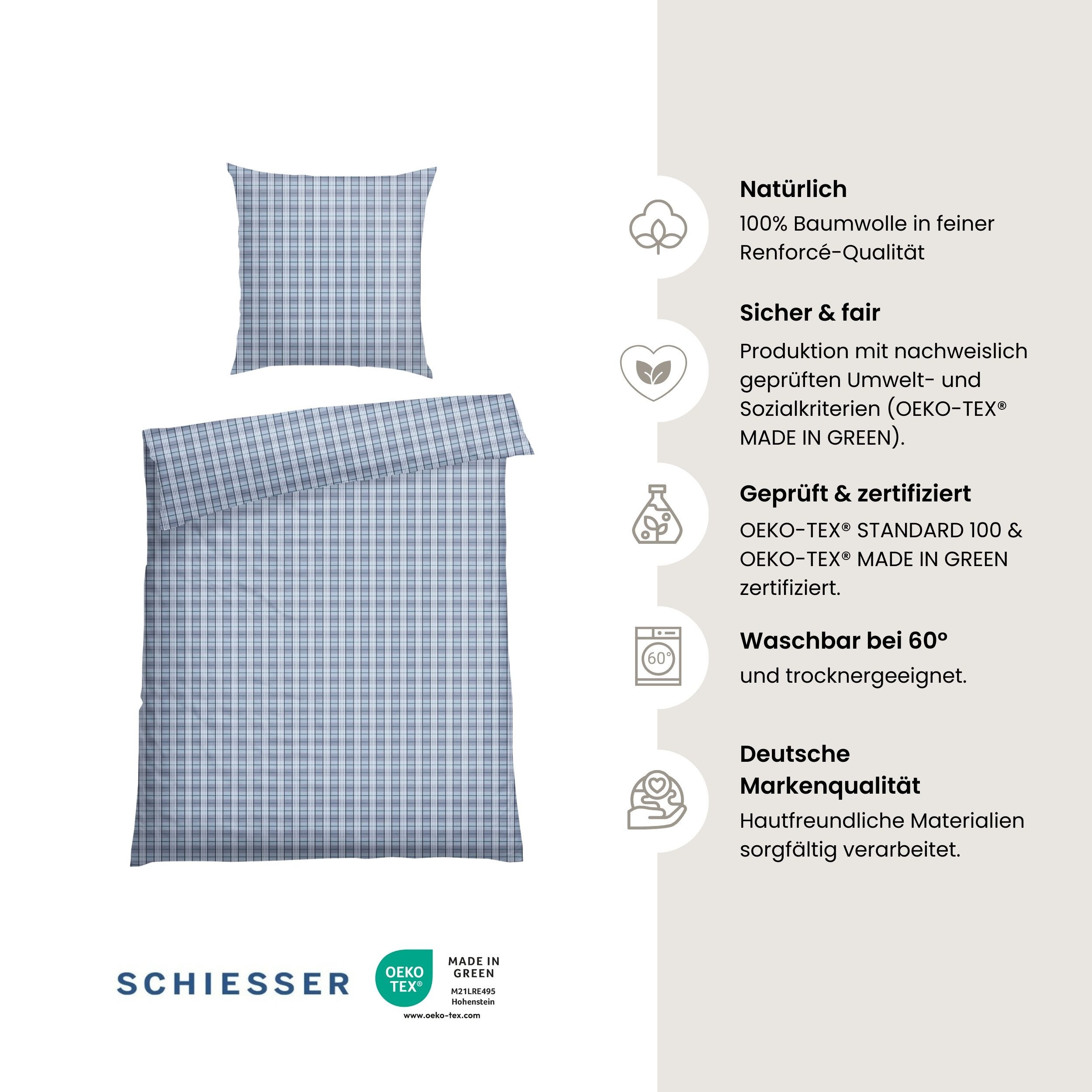 Schiesser Bettwäsche Kate aus weicher Baumwolle mit zeitlosen Karos, Renforcé, 2 teilig, MADE IN GREEN by OEKO-TEX®