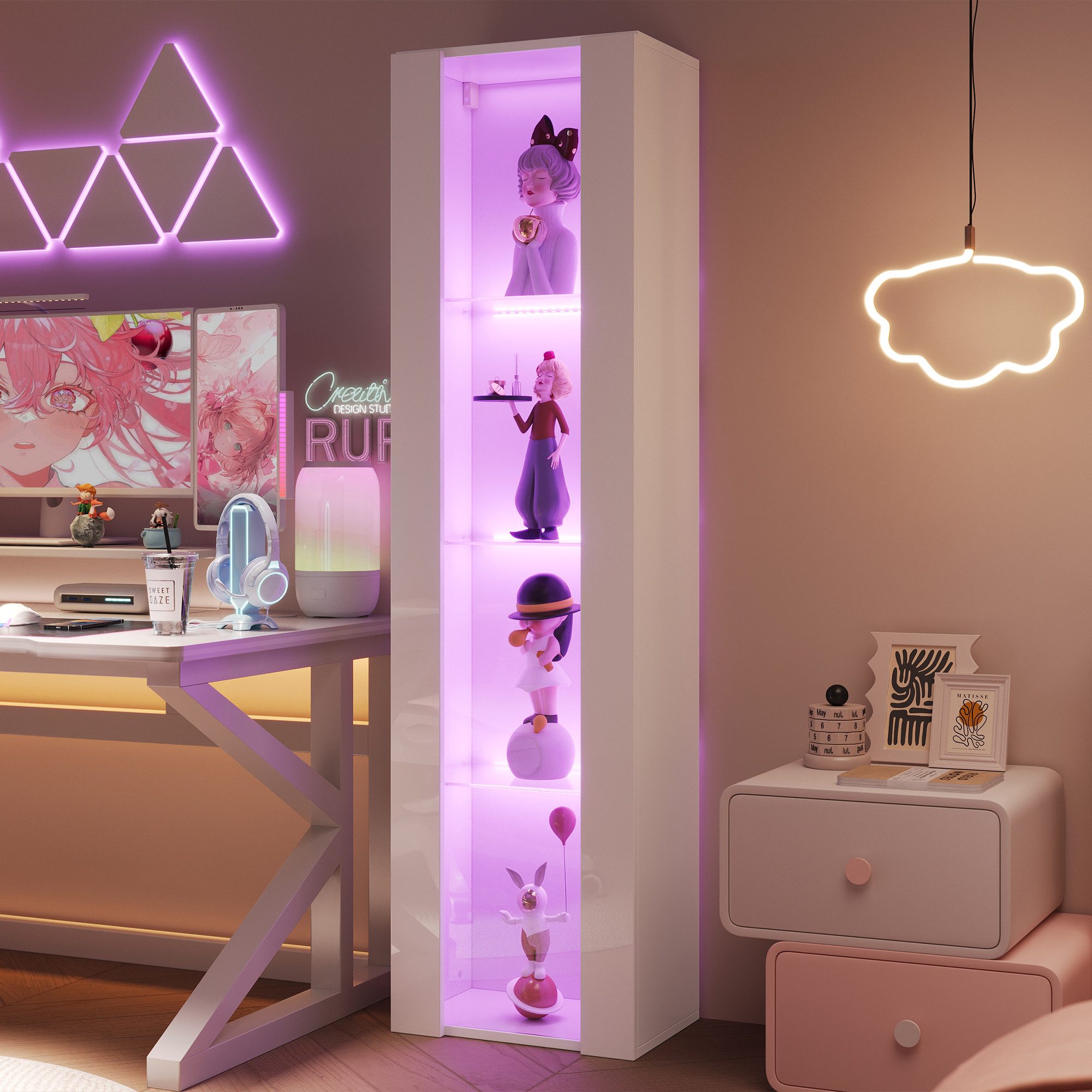 Merax Vitrine Glasvitrine mit LED-Beleuchtung inkl.Fernbedienung (1-St., 40x29x170 cm) Vitrinenschrank Standvitrine mit Glastrennwand und Acrylfront