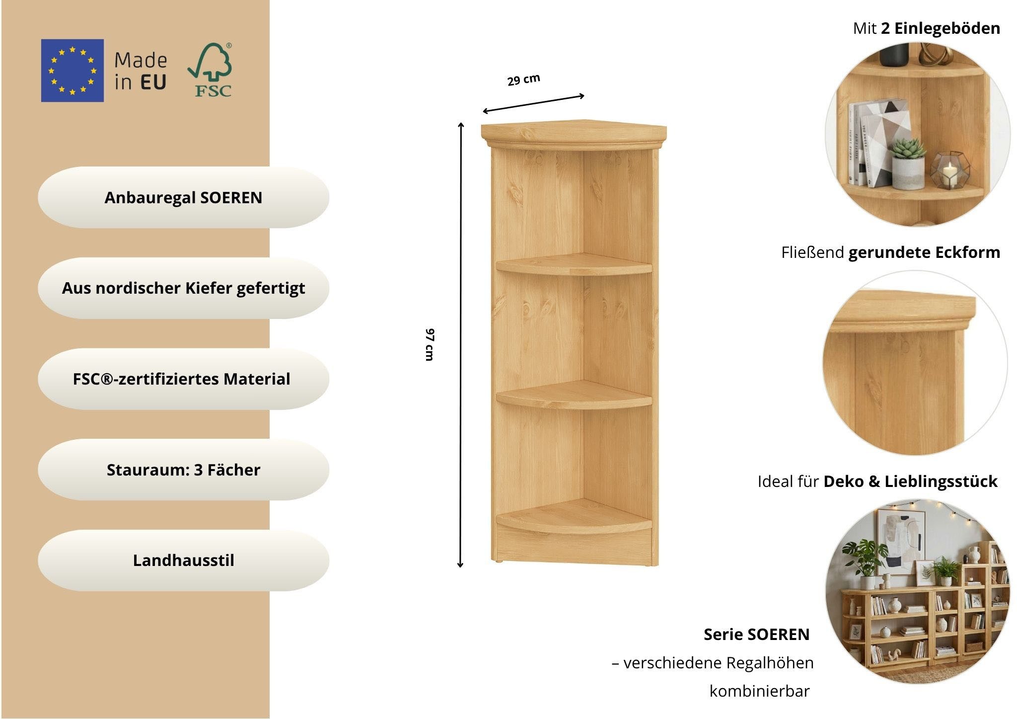 OTTO home Anbauregal Soeren Abschlussregal Höhen 97 bzw. 220 cm, aus massiver Kiefer, passend für Tiefe 29 cm, FSC®-zertifiziert