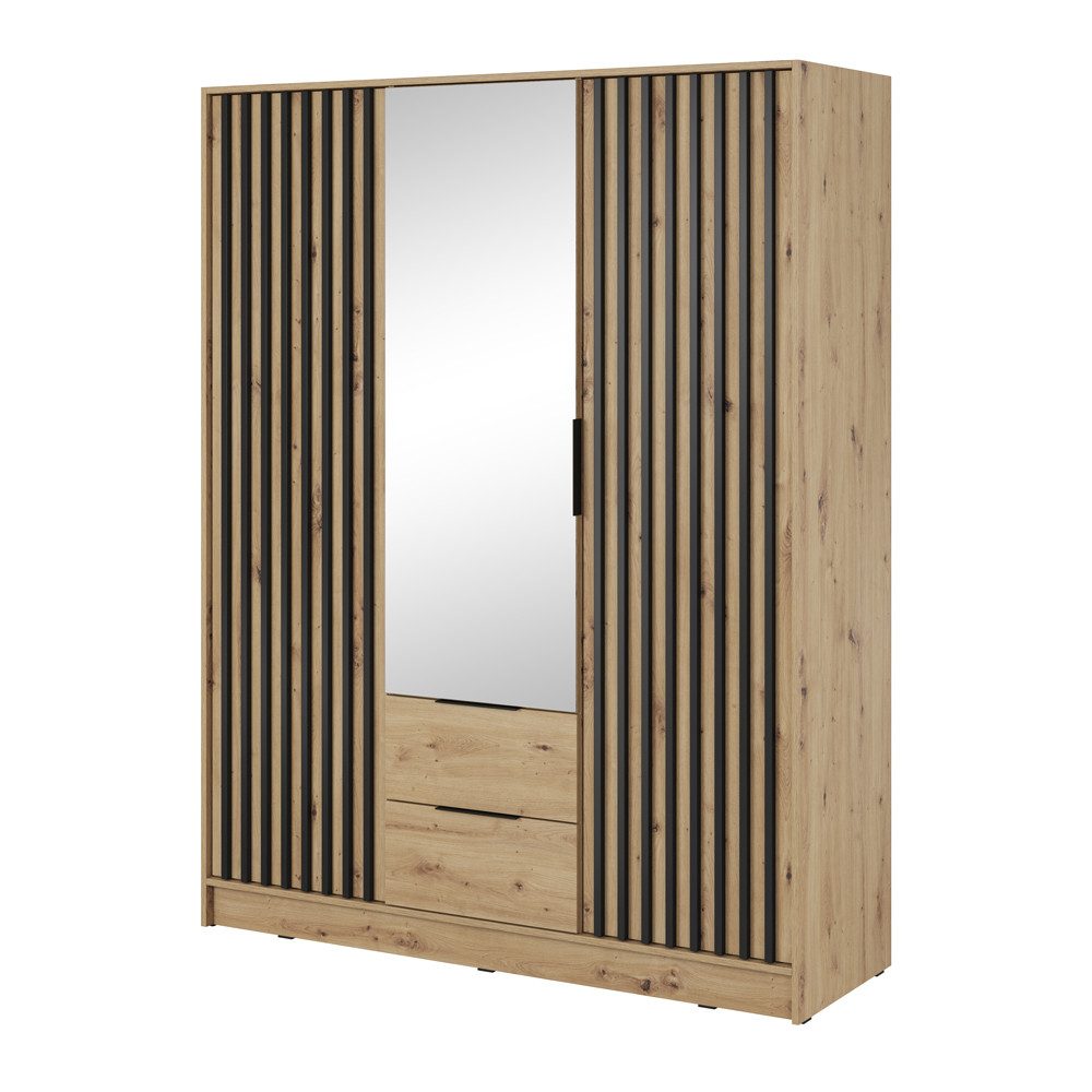 Lomadox Kleiderschrank NAMUR-160 in Eiche, mit Spiegel und Lamellen, 155 cm breit, 3-türig