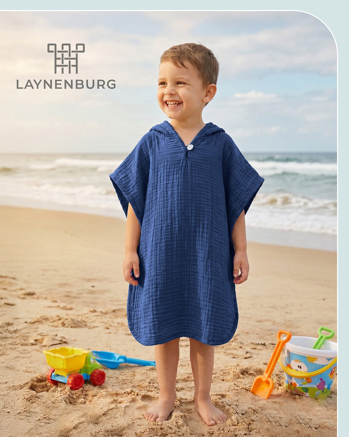 Laynenburg Badeponcho Musselin für Kinder mit Kapuze - Poncho aus 100% Baumwolle, als strandponcho, surf Handtuch poncho für Baby, Mädchen & Jungen