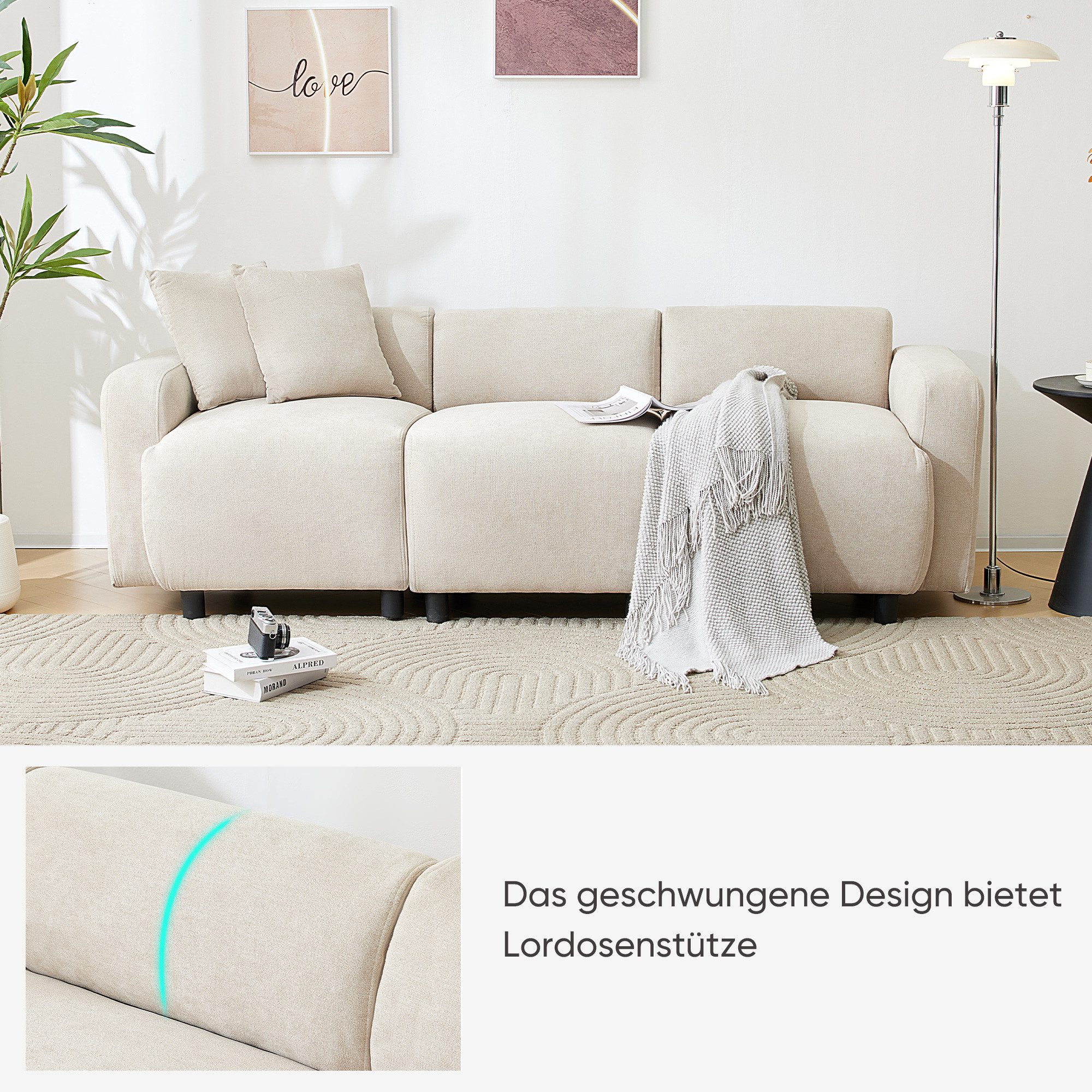 3-Sitzer, aus Chenille-Stoff mit 2 Kissen, 211 x 80 x 71 cm, modulare Couch