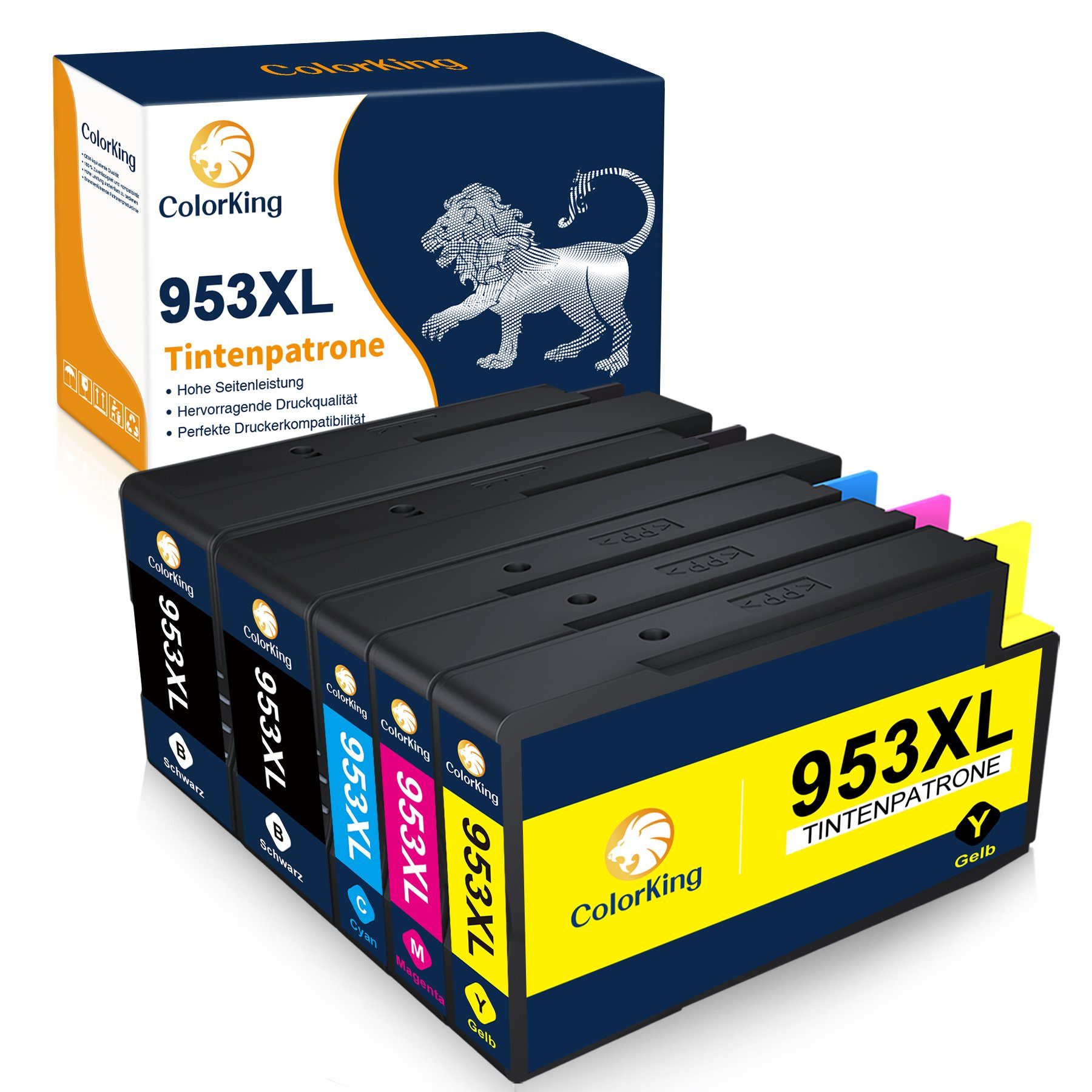 1x XL 5er-pack=2x ColorKing Schwarz, Tintenpatrone 953 für HP Cyan, 953XL HP953 HP953XL Multipack 1x Magenta, Ersatz Gelb 1x