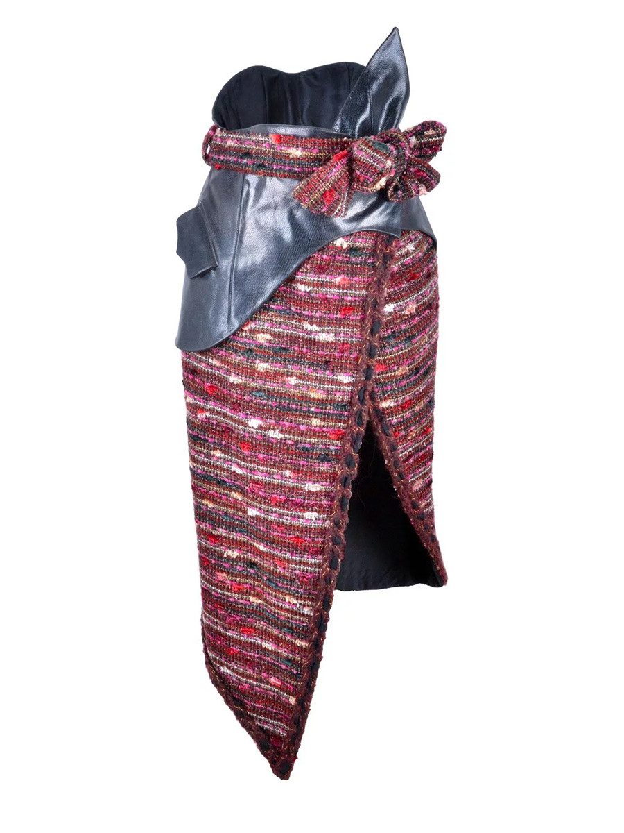 RUA & RUA Bleistiftrock Asymmetrischer Rock aus Bouclé-Tweed & Leder Wickelrock