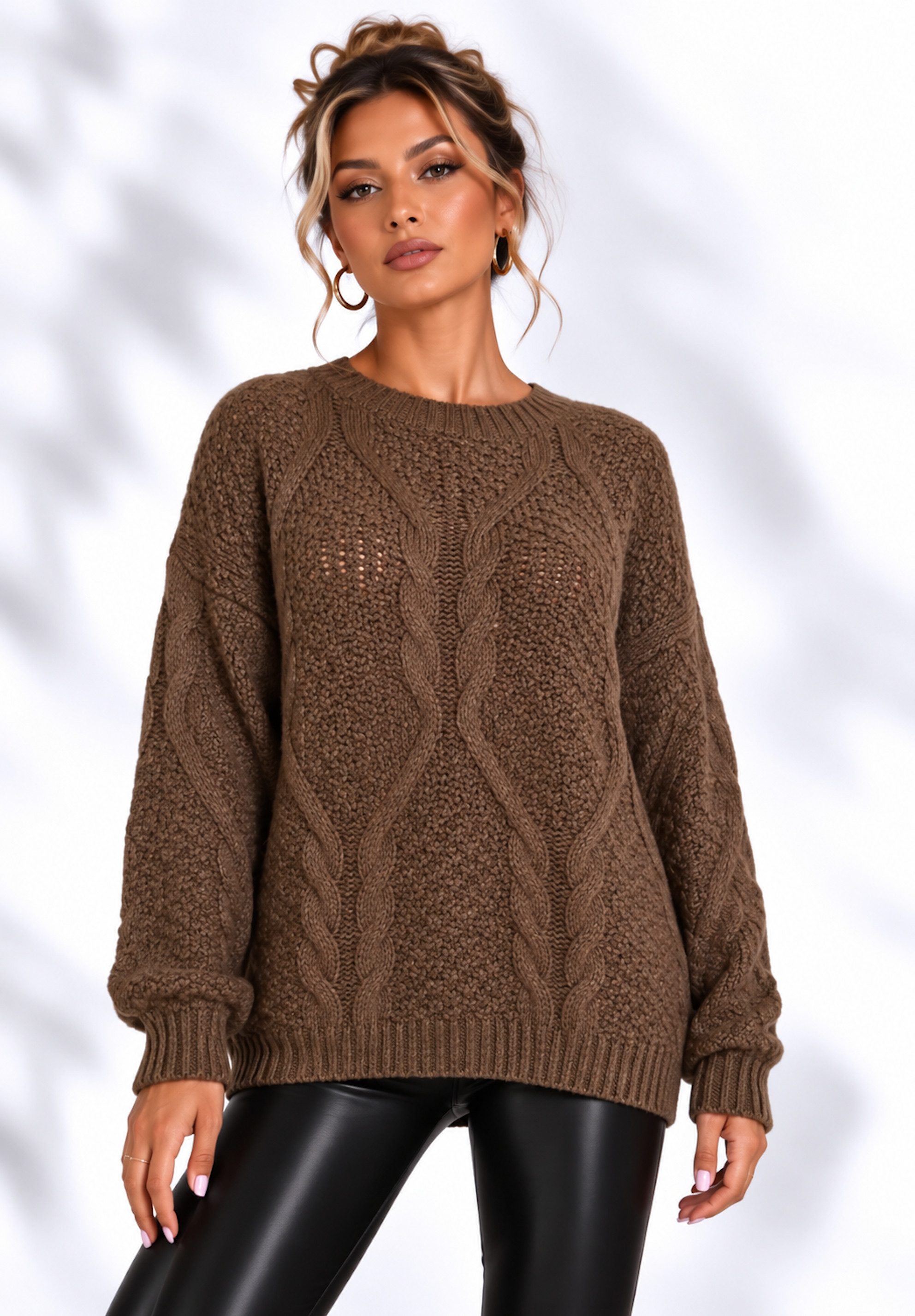 Worldclassca Longpullover WORLDCLASSCA Oversize Strickpulllover Lang Zopf Muster Dick Winter Neue Kollektion - Stilvolle und gemütliche Strickmode für Damen