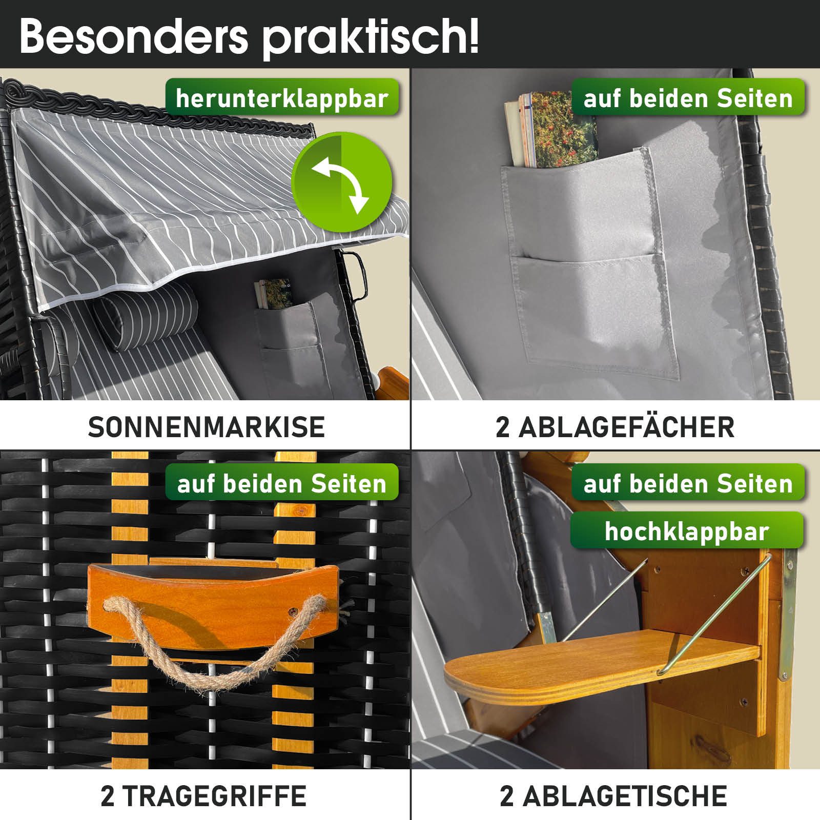 BRAST Strandkorb für 2 Personen, 120cm breit, 5 Designs, BxTxH: 120x79x150 cm, Volllieger, Rügen Deluxe, (verstellbare Rückenlehne weiches Fußkissen), inkl. wet – Bild 5 von 5