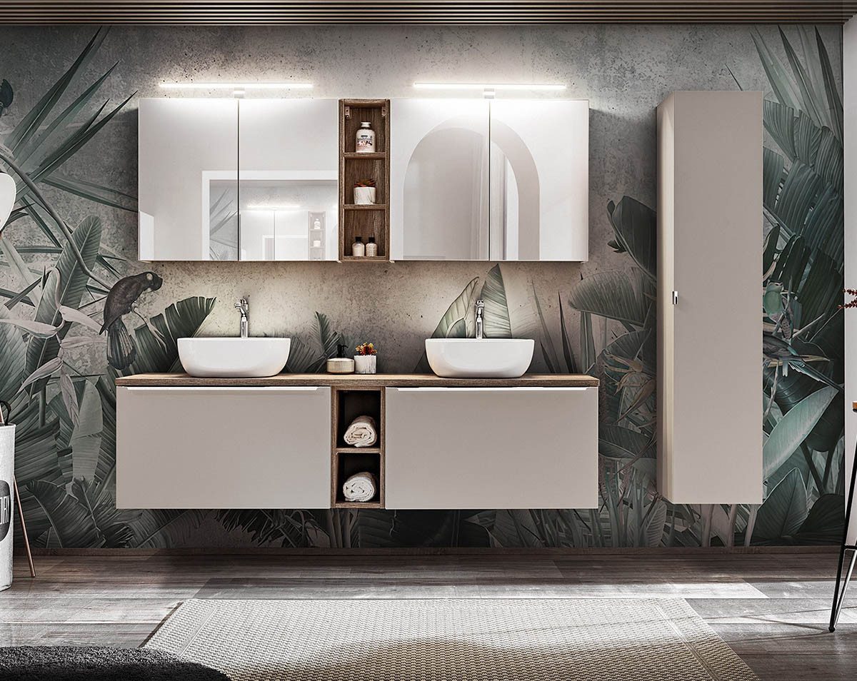 einfachgutemoebel Waschtisch-Set Badezimmer Set 3-teilig TRUFFEAU 180cm, 2x Becken, Trüffel-Eiche, (Badmöbel Set, 1-St., Waschtisch Unterschrank)