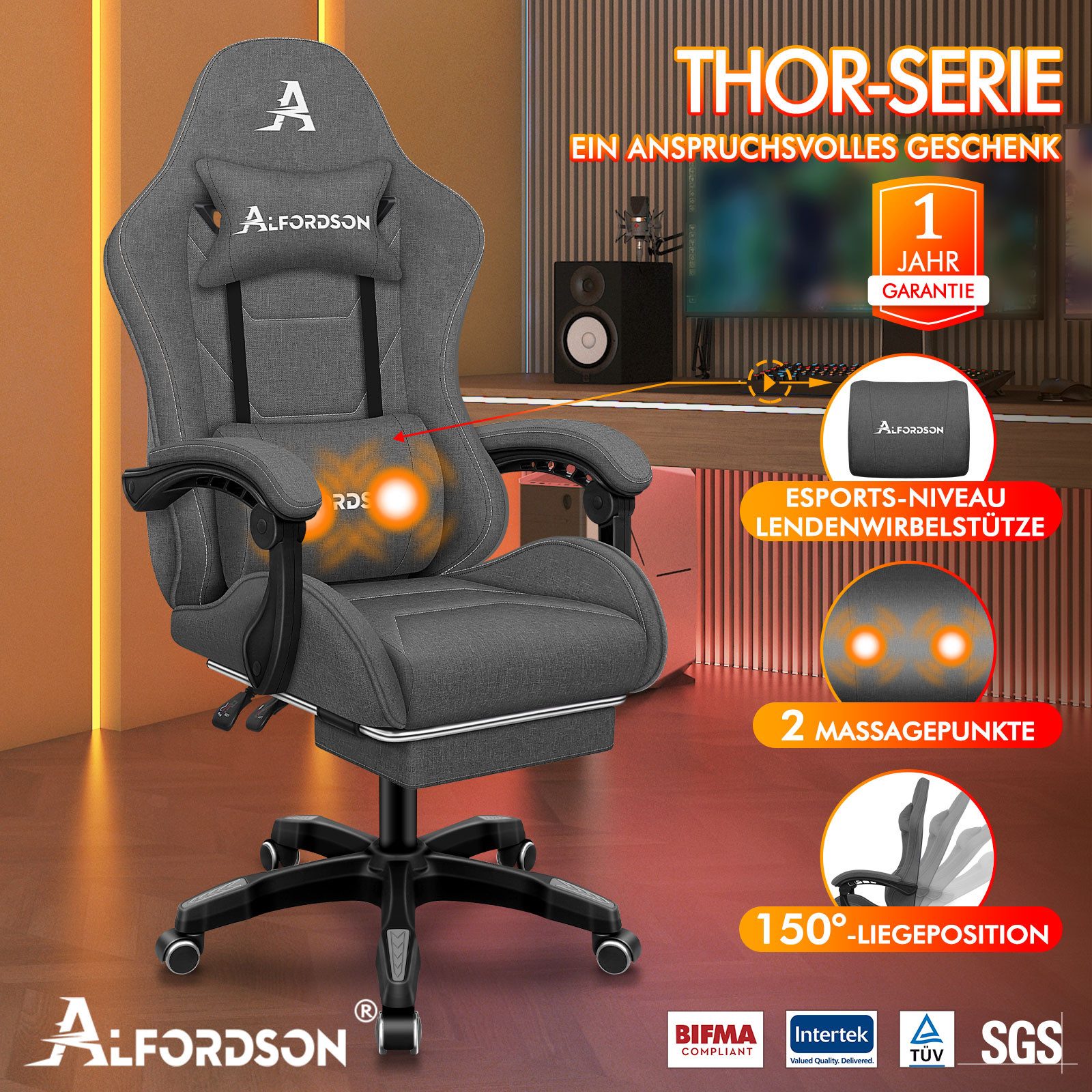 ALFORDSON Bürostuhl Gaming-Stuhl, Massage-Gaming-Stuhl, Ergonomischer Gamer günstig online kaufen