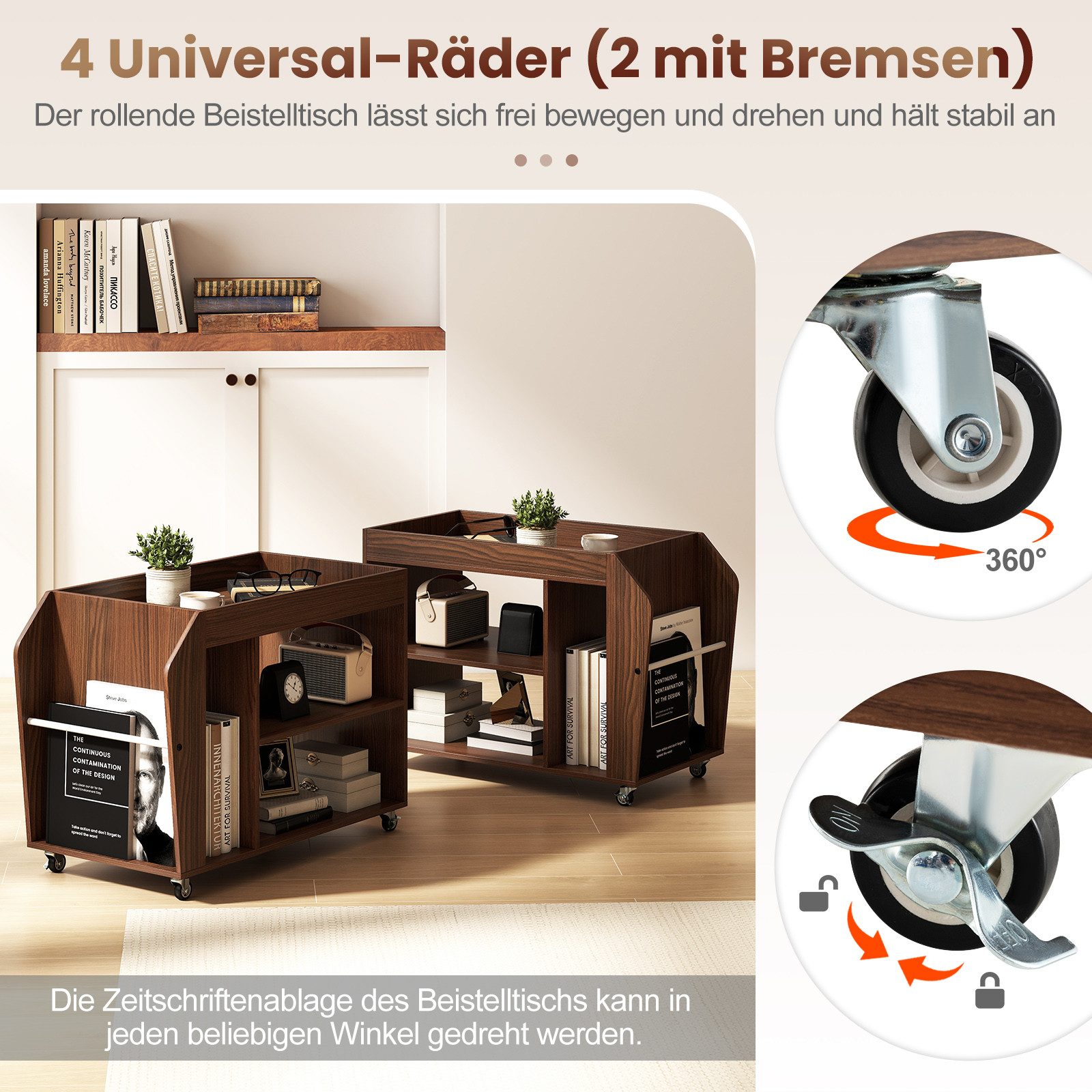 KOMFOTTEU Beistelltisch mobile Sofatisch Servierwagen, mit Rollen, 3 offenen Fächern – Bild 4 von 5