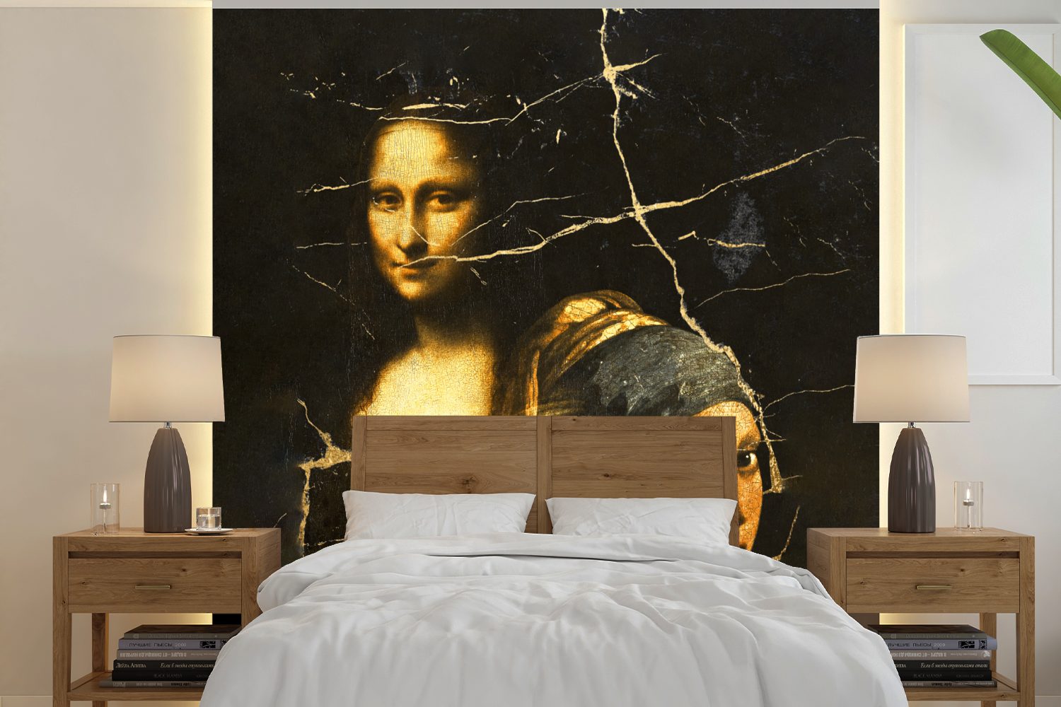 MuchoWow Fototapete Das Mädchen mit dem Perlenohrring - Mona Lisa - Collage, Matt, bedruckt, (5 St), Vinyl Tapete für Wohnzimmer oder Schlafzimmer, Wandtapete