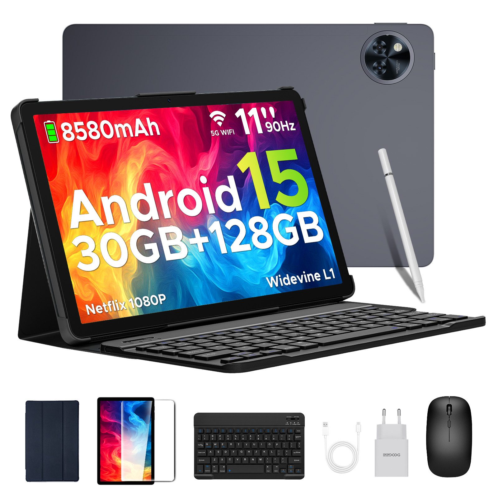 DOOGEE U11 Pro Android 15 Tablet mit Tastatur, Stift, Maus, Hülle, 11 Zoll Tablet (11", 256 GB, Android 15, WIFI, 8580mAh, 90Hz, 13MP+5MP, 5G WiFi/Widevine L1/ GPS/Face ID/OTG)