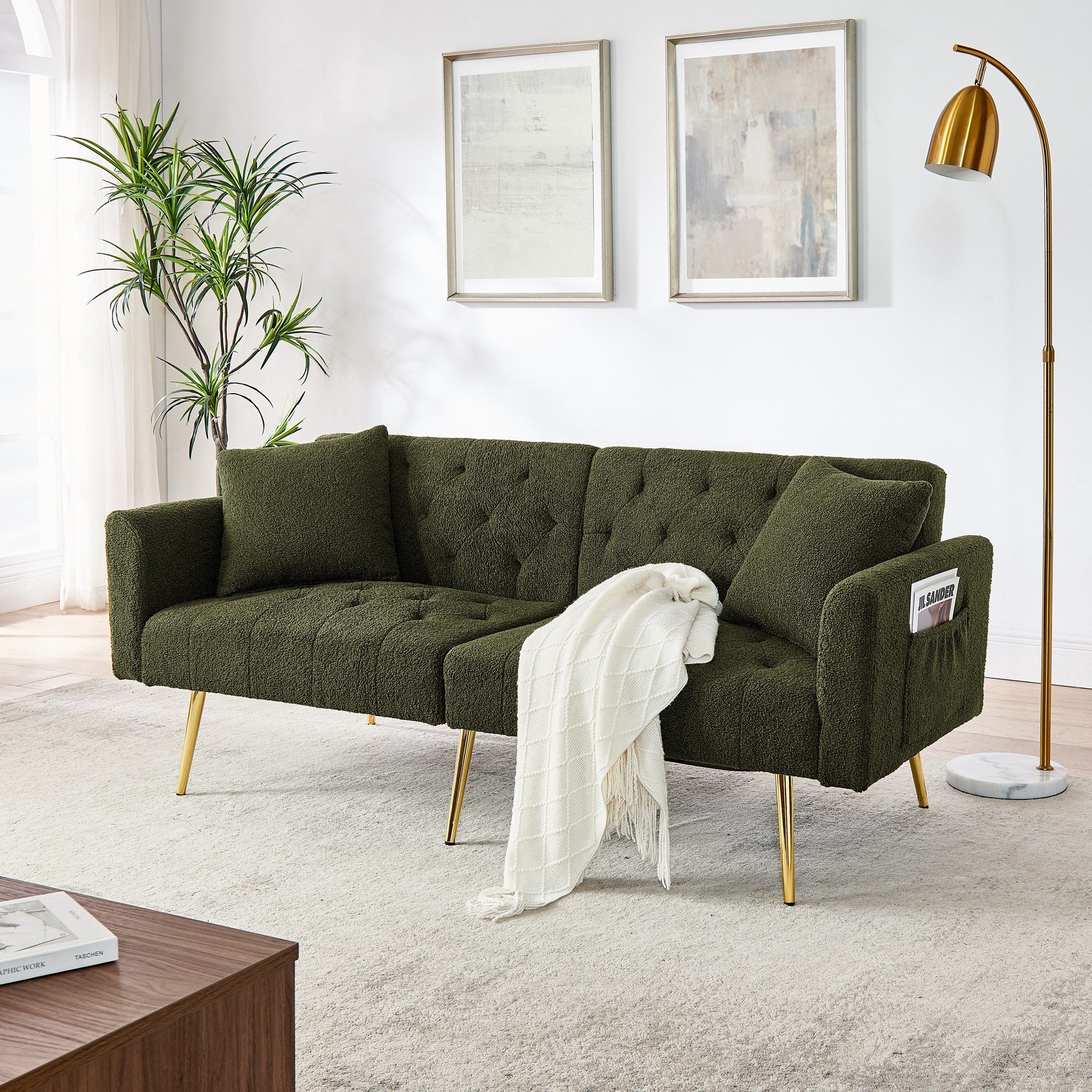 HAUSS SPOLE Schlafsofa aus Teddyfell-Bouclé,Zweiersofa Loungesofa mit 2 Kissen & Metallbeine, Set, für Wohnzimmer,Mietwohnung,kleines Apartment