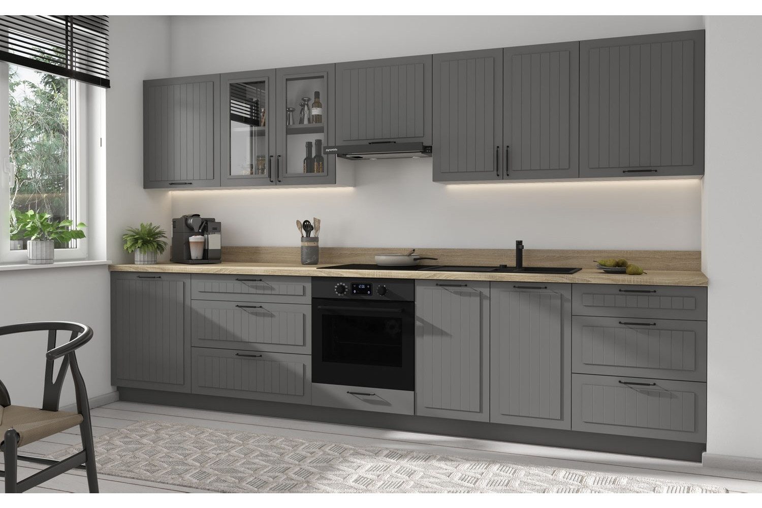 Feldmann-Wohnen Кухниzeile Livorno, (Schubladen mit Vollauszug + Selbsteinzug (HETTICH InnoTech Atira), 340x50x204cm; weiß-lava / telegrau matt, mit Arbeitsplatte, 11-teilig