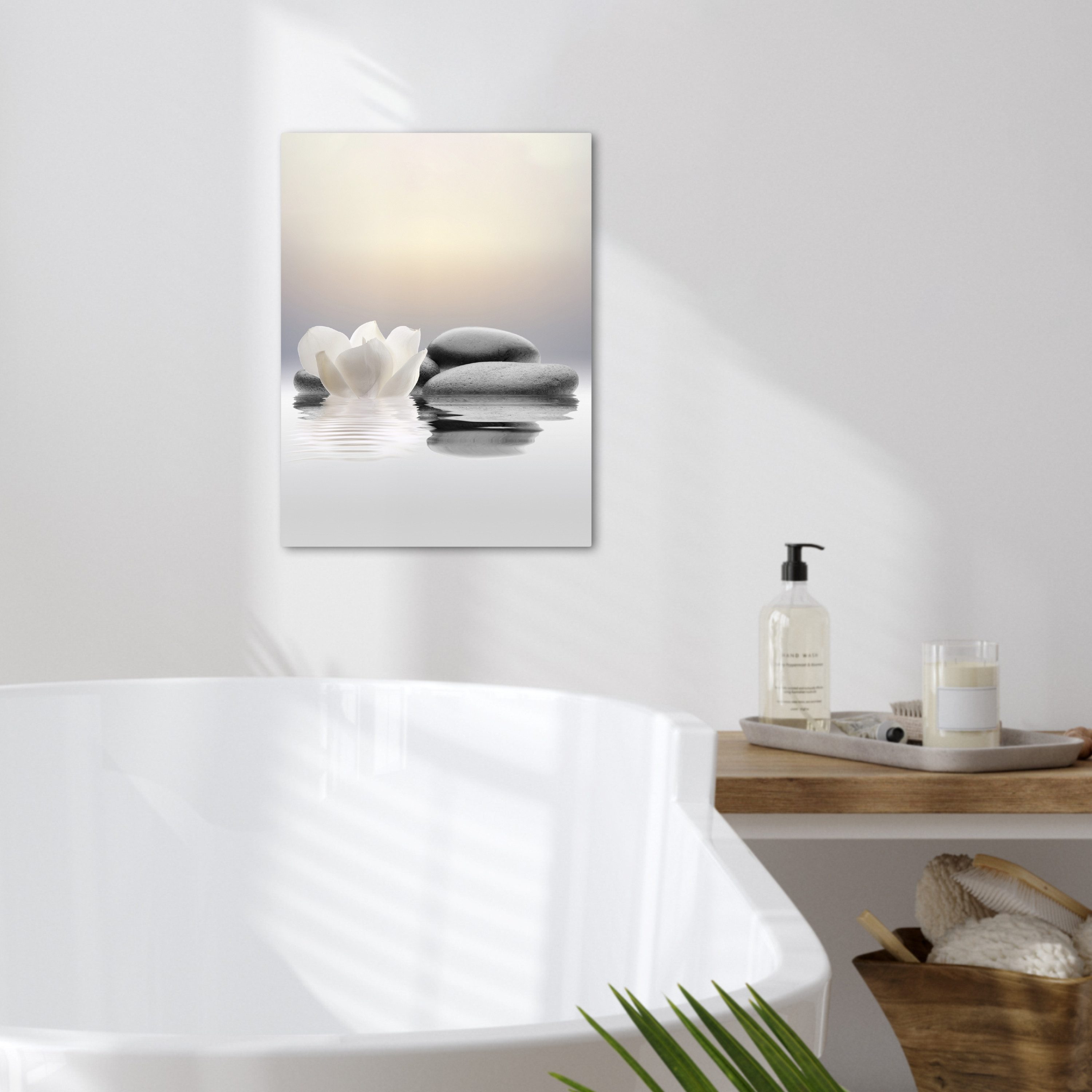 OneMillionCanvasses® Leinwandbild Steine - Lotus - Weiß - Wasser - Zen, Fotodruck (1 St), Badezimmer Deko, Bilder Bad, Gäste WC Wanddeko 30x40 cm