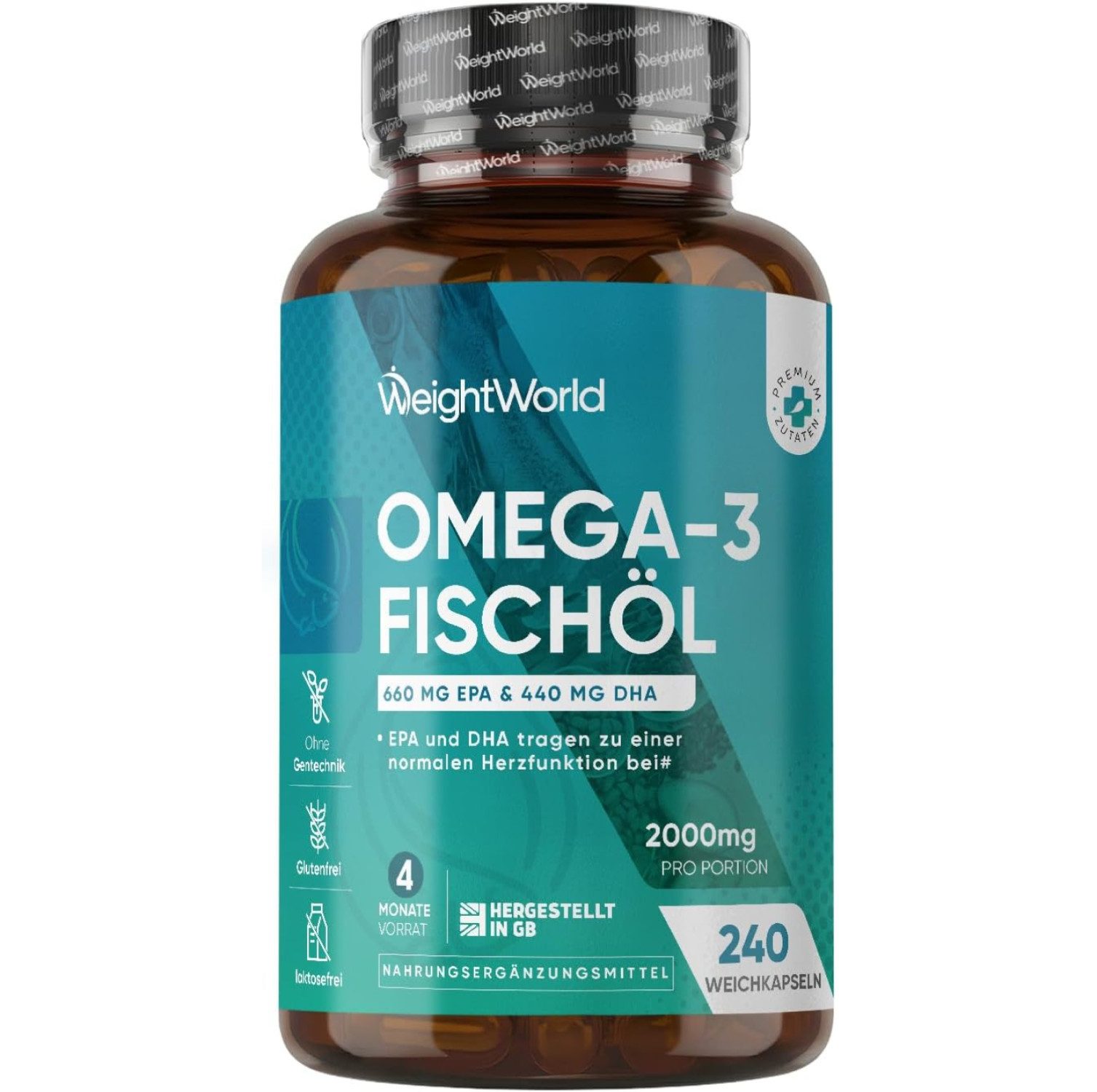 WeightWorld Premium Omega-3 Weichkapseln – Hochdosiert für Herz, Gehirn & Sehkraft Weichkapseln, 1 er 240 St., 359 g, 2000mg Fischöl mit 1100mg Omega-3, 660mg EPA & 440mg DHA