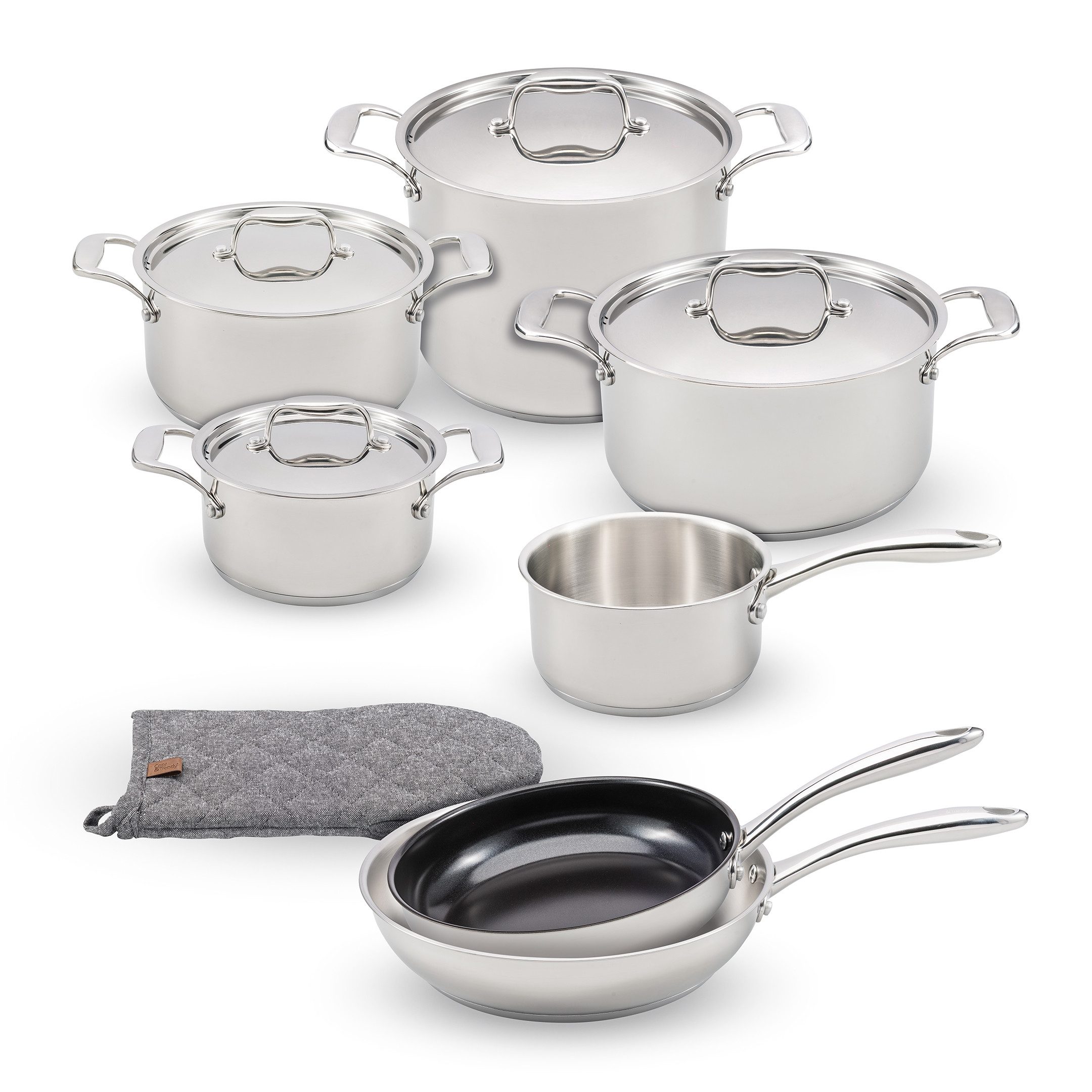 Cosy & Trendy Topf-Set Cosy & Trendy Classic Kochgeschirr-Set, Aluminium, Edelstahl 18/10 (Set, 12-tlg., 12-teilig: Töpfe, Stielkasserolle, Pfannen, Deckel, Handschuh), Topf-Set mit Edelstahl 18/10, Antihaftpfannen und Deckeln