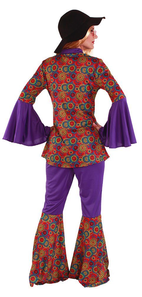 Karneval-Klamotten Hippie-Kostüm Damenkostüm 60er Jahre Flower Power, Retro Anzug lila-bunt mit Kragen, Hippie-Hemd und Schlaghose